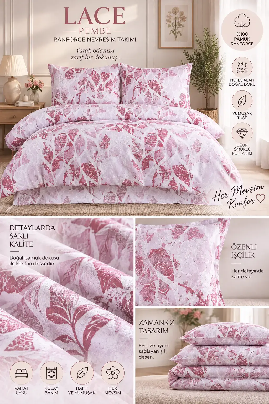 Gül Kurusu 200x220 Cm Bella Home Lastiksiz Battal Boy New Box Nevresim Takımı 492013