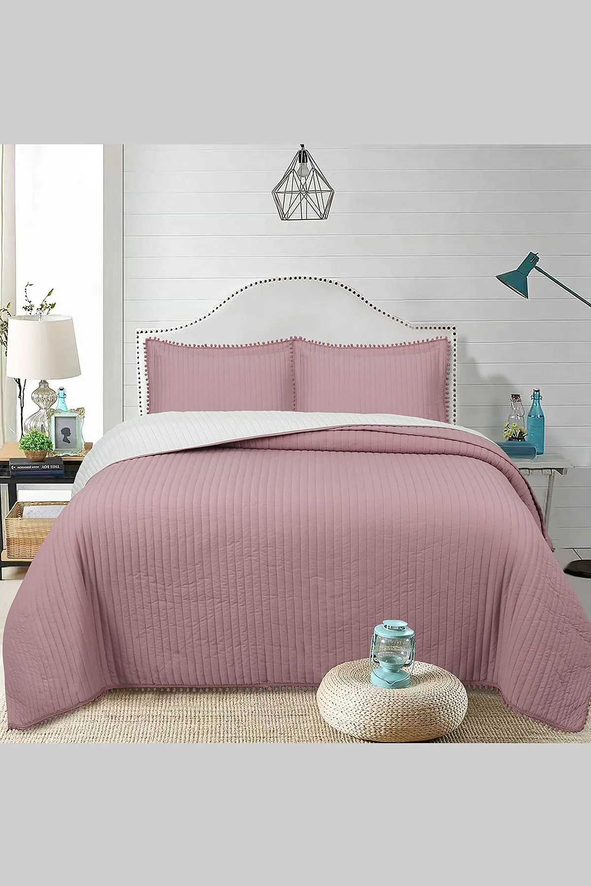 Gül Kurusu 260x240 Cm Bella Home Çift Kişilik Sofia Ponponlu Yatak Örtüsü 395132