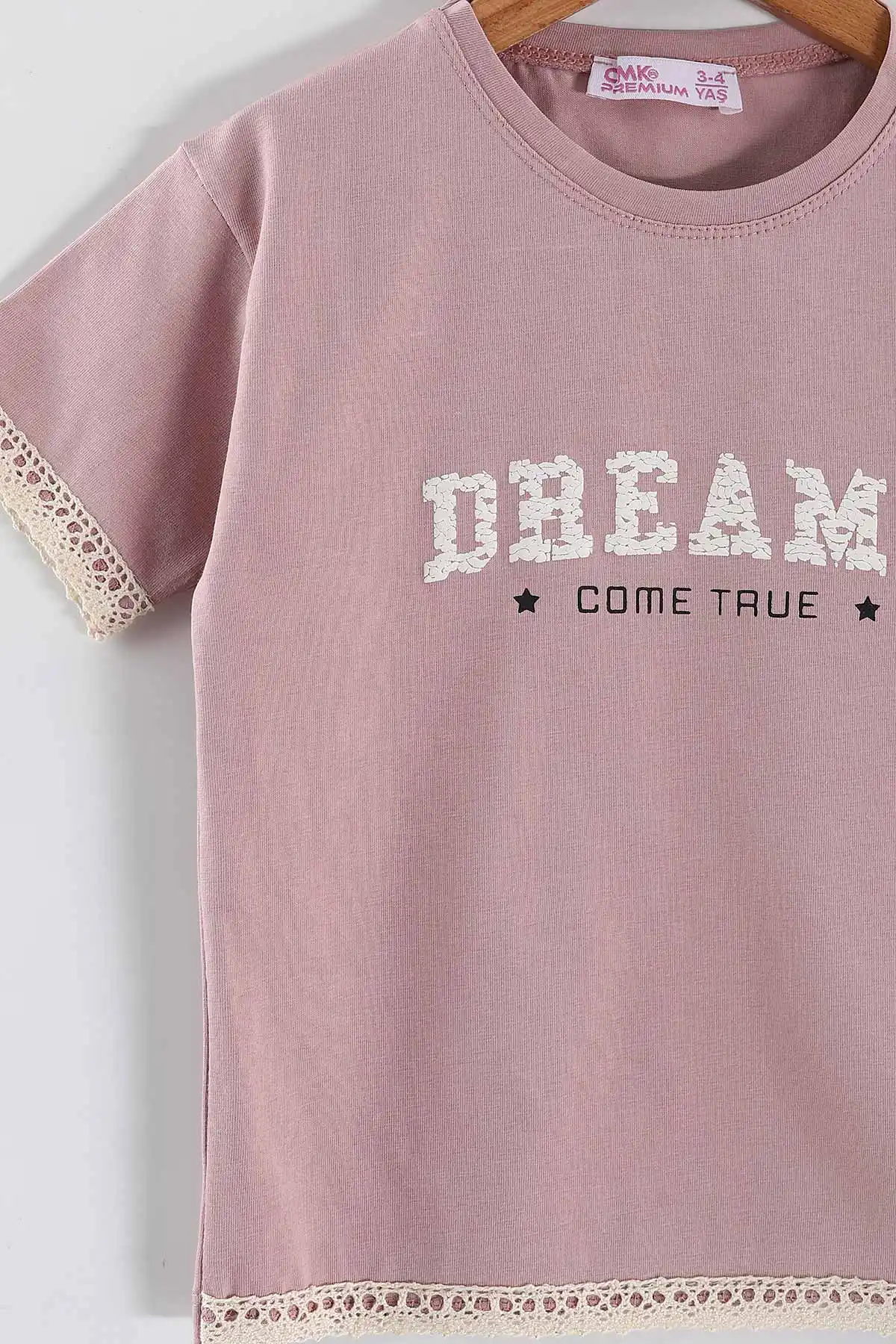 Gül Kurusu (3-10  Yaş)Dream Baskılı Tişörtlü Kot Şortlu Kız  Çocuk 2'li  Takım 457356