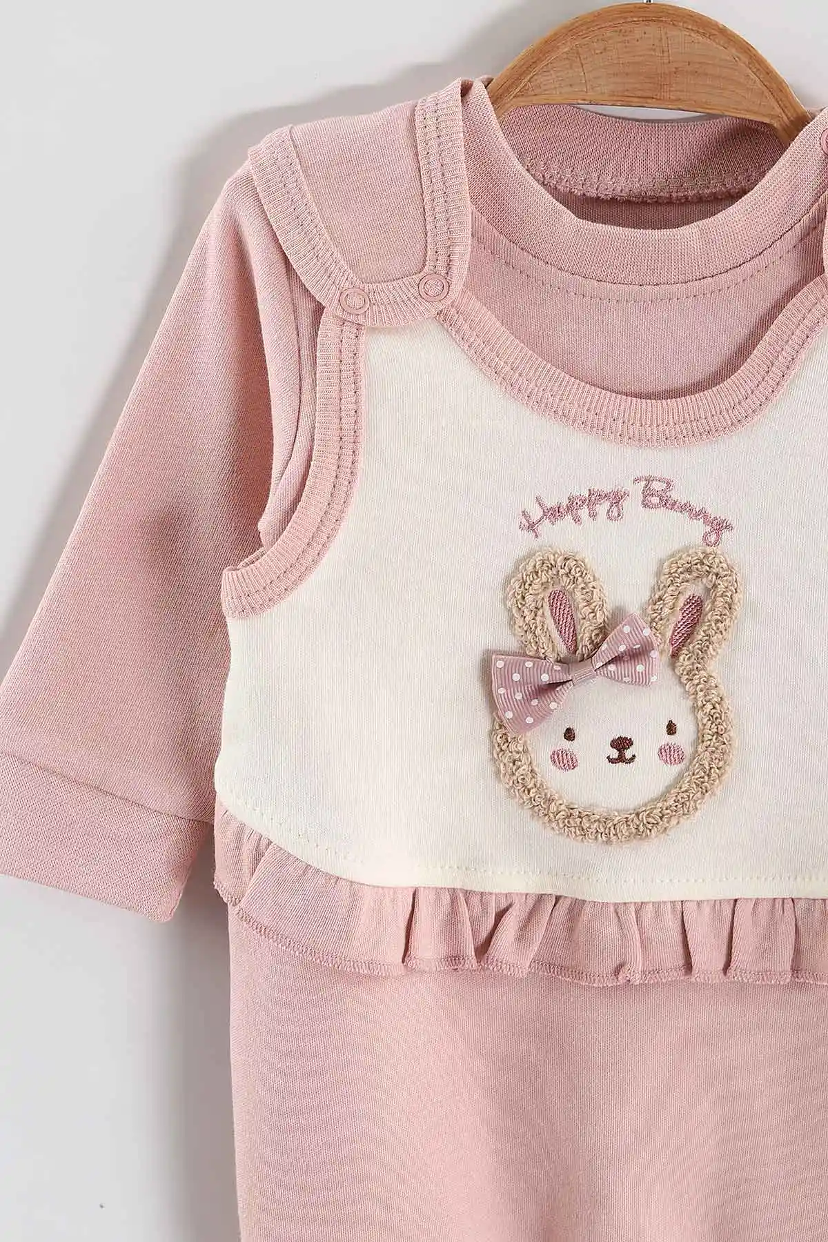 Gül Kurusu (3-12 Ay)  Tokalı Tavşan Nakışlı Kız Bebek Salopet Takım 456600