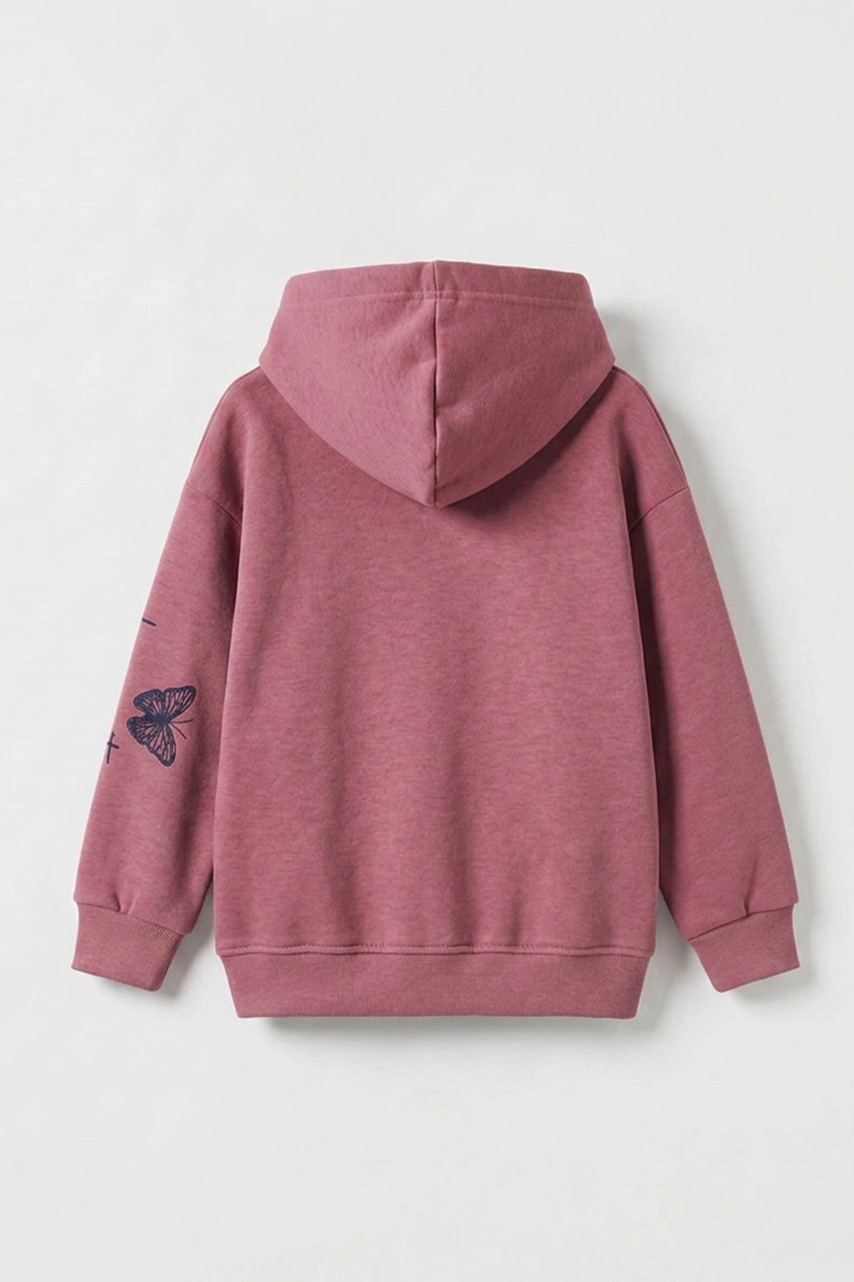 Gül Kurusu (3-12 Yaş) Kelebek Baskılı Kapüşonlu  Şardonlu 3 İp Kız Çocuk Sweatshirt 484140