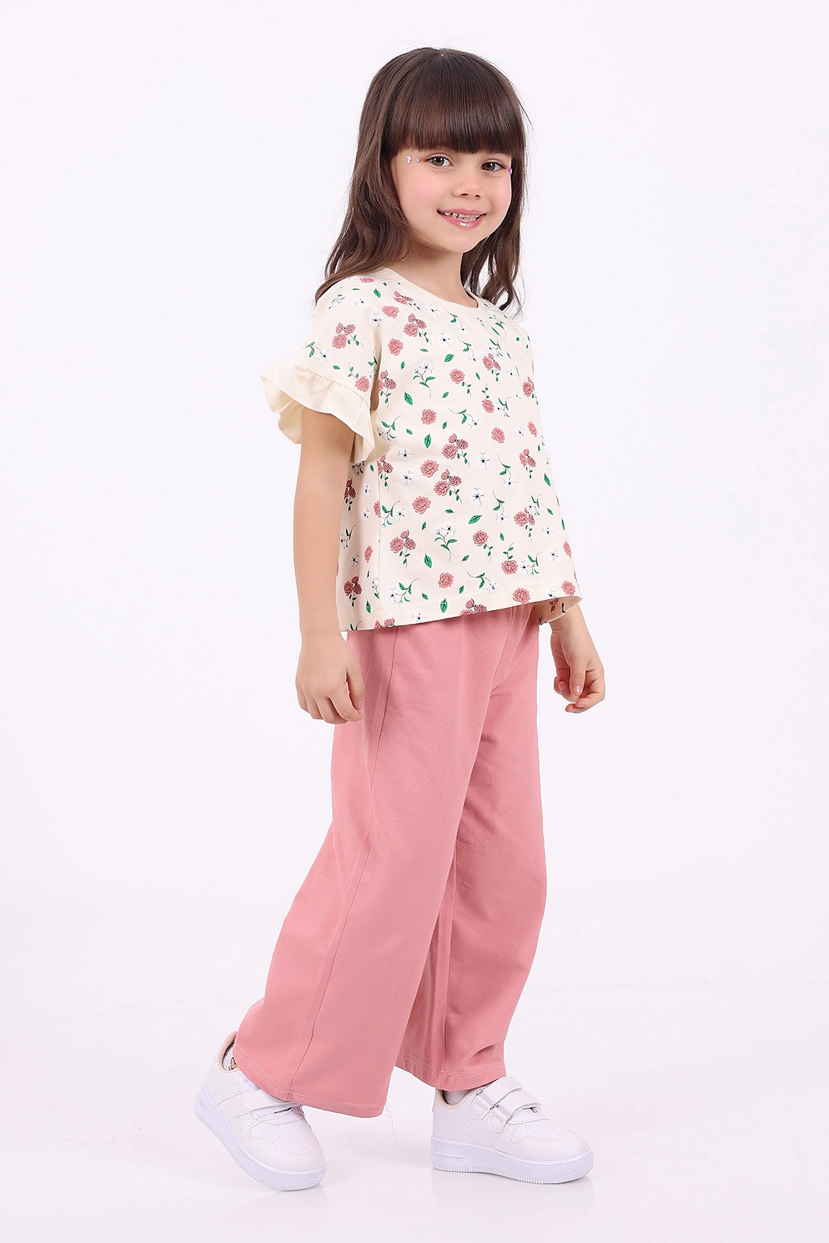 Gül Kurusu (3-6 Yaş)Çiçek Baskılı Kol Fırfırlı  Kız Çocuk Yazlık Takım 347591