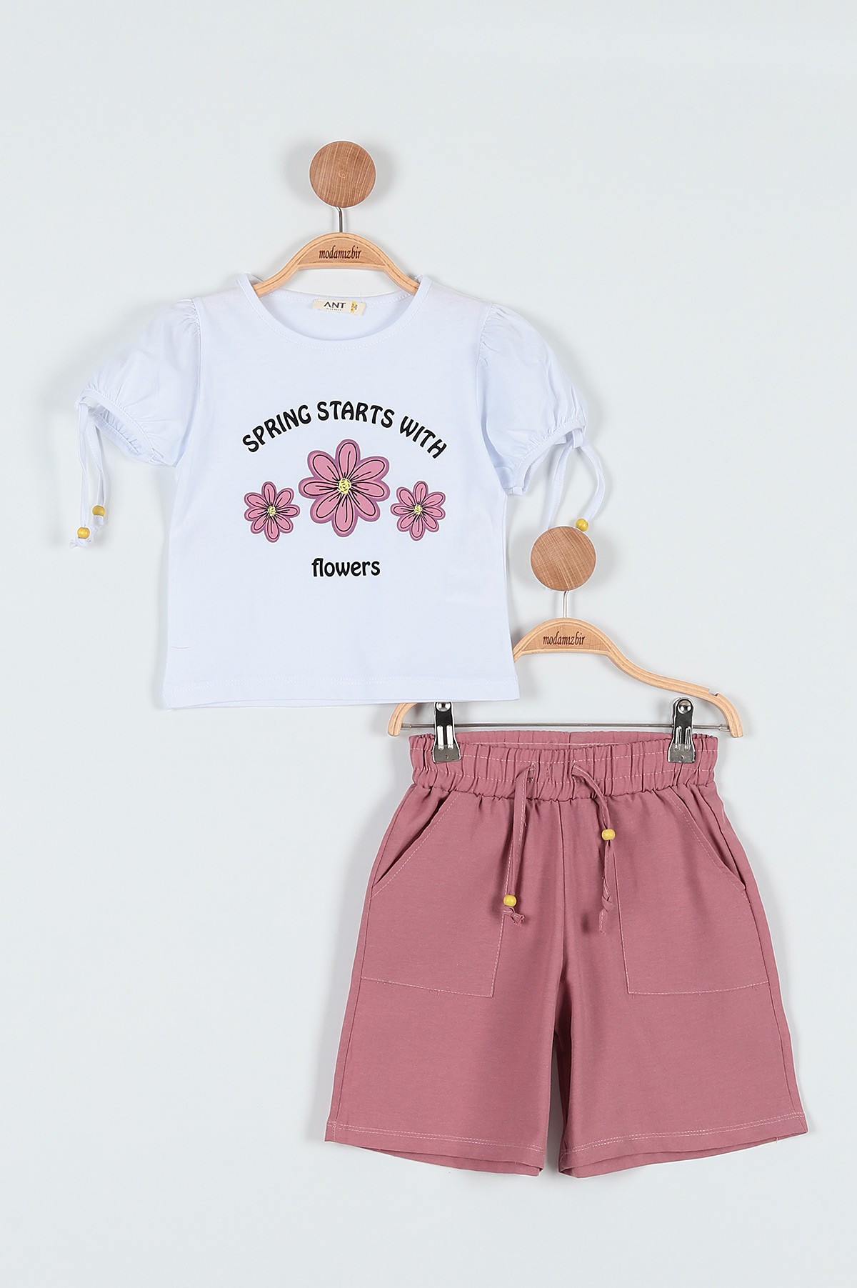 Gül Kurusu (3-7 Yaş) Çiçek Flowers Baskılı Boncuklu Şortlu Kız Çocuk Takım 186315