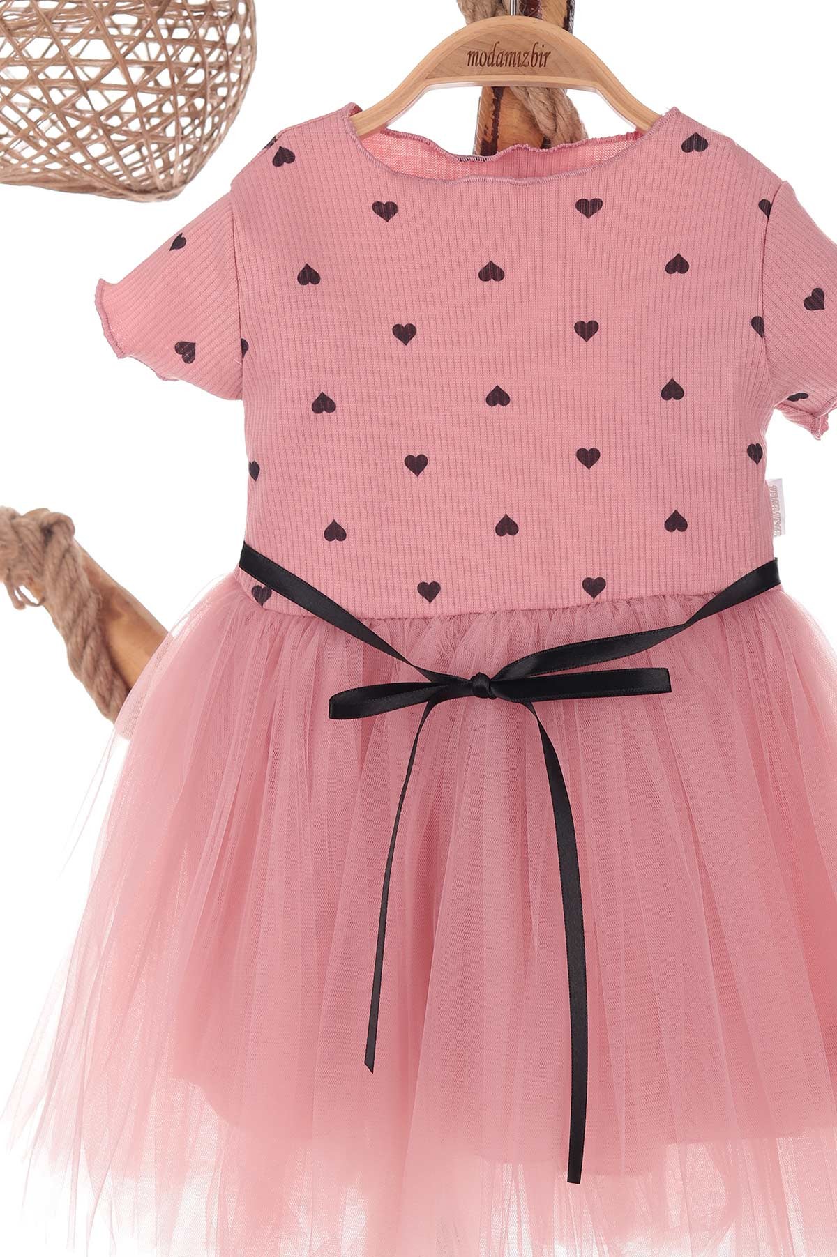 Gül Kurusu (4-7 Yaş) Kalp Baskılı Tüllü Kız Çocuk Elbise 171317