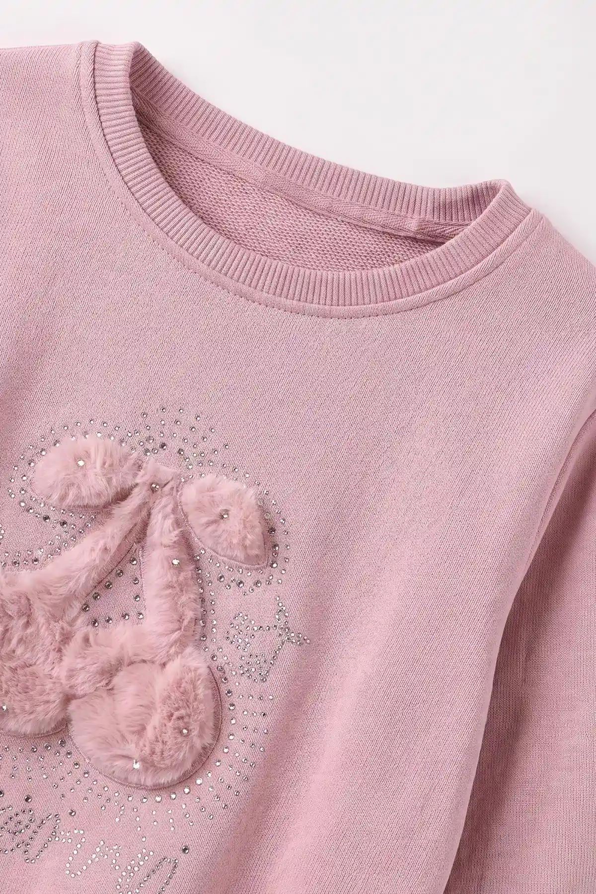 Gül Kurusu (5-13 Yaş) Kiraz Nakışlı Taşlı  İçi Şardonlu Kız Çocuk Sweatshirt 487444