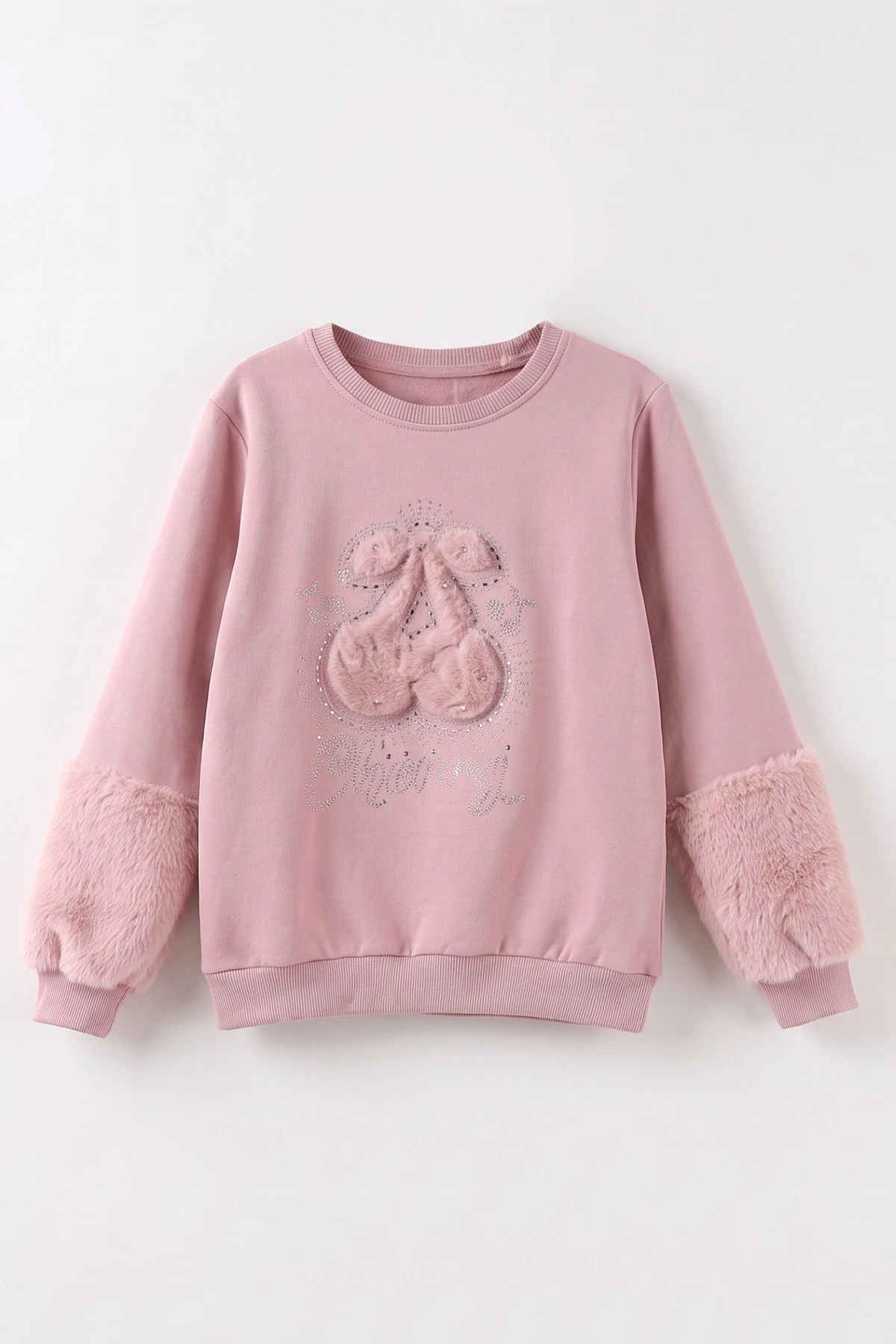 Gül Kurusu (5-13 Yaş) Kiraz Nakışlı Taşlı  İçi Şardonlu Kız Çocuk Sweatshirt 487444