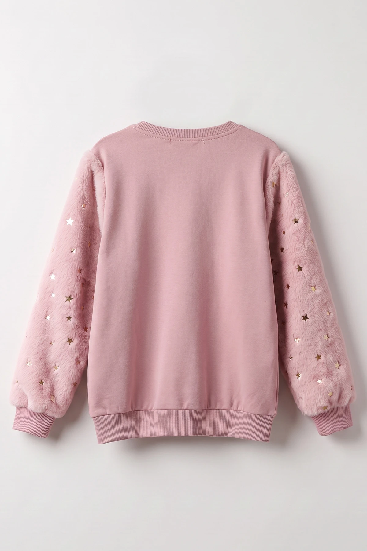 Gül Kurusu (5-13 Yaş) Kolu Yıldız Baskılı ve Peluşlu İçi Şardonlu Kız Çocuk Sweatshirt 487446