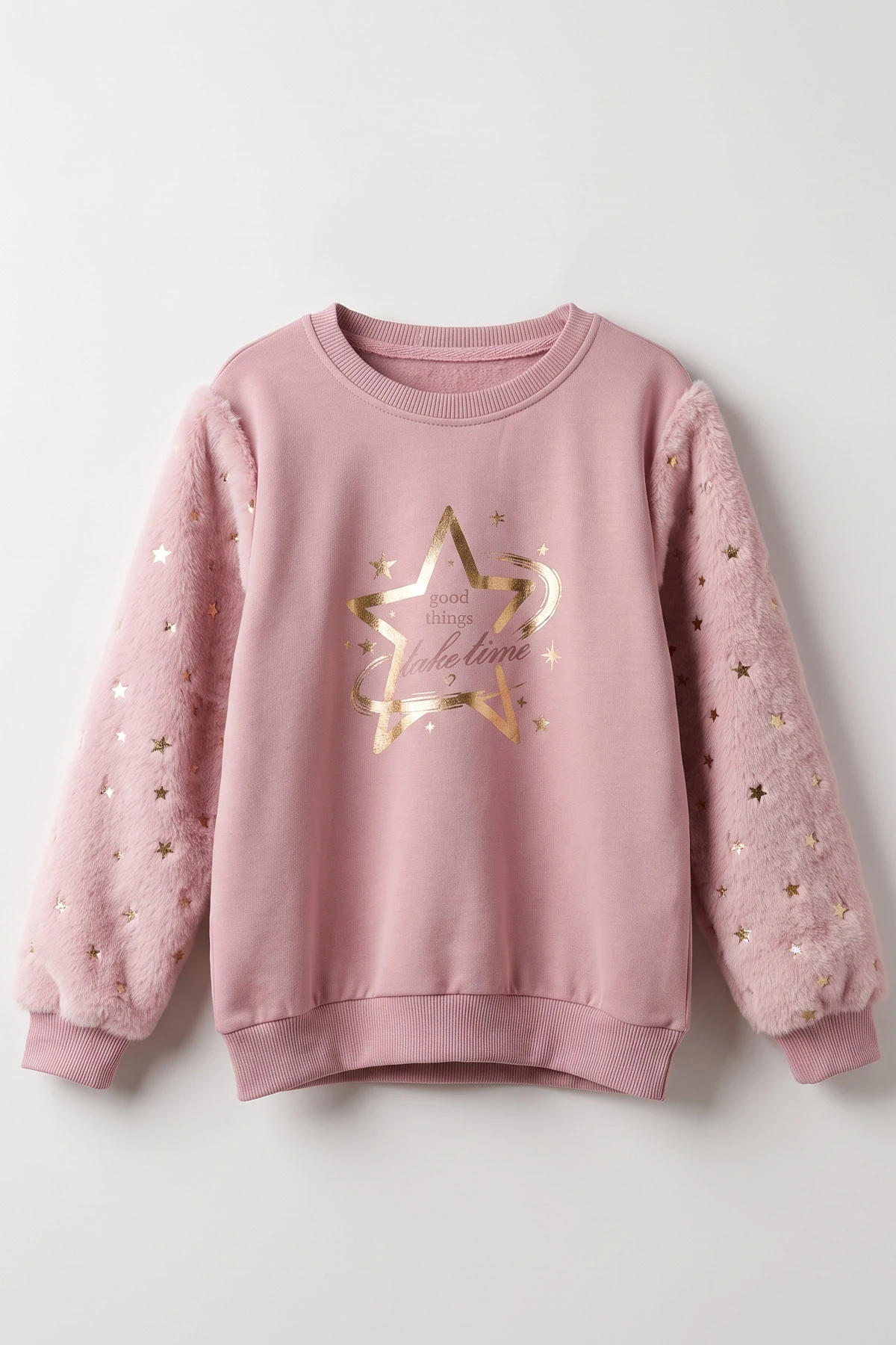 Gül Kurusu (5-13 Yaş) Kolu Yıldız Baskılı ve Peluşlu İçi Şardonlu Kız Çocuk Sweatshirt 487446