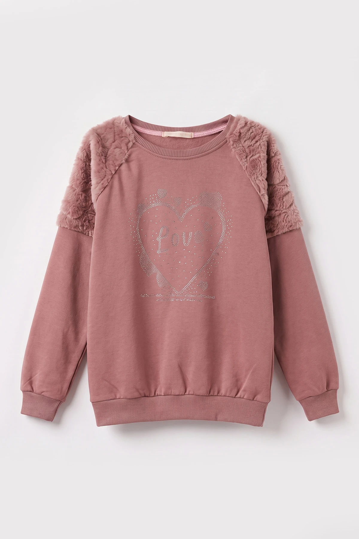 Gül Kurusu (5-13 Yaş) Love Taş Baskılı Peluşlu İçi Hafif Şardonlu Kız Çocuk Sweatshirt 489282