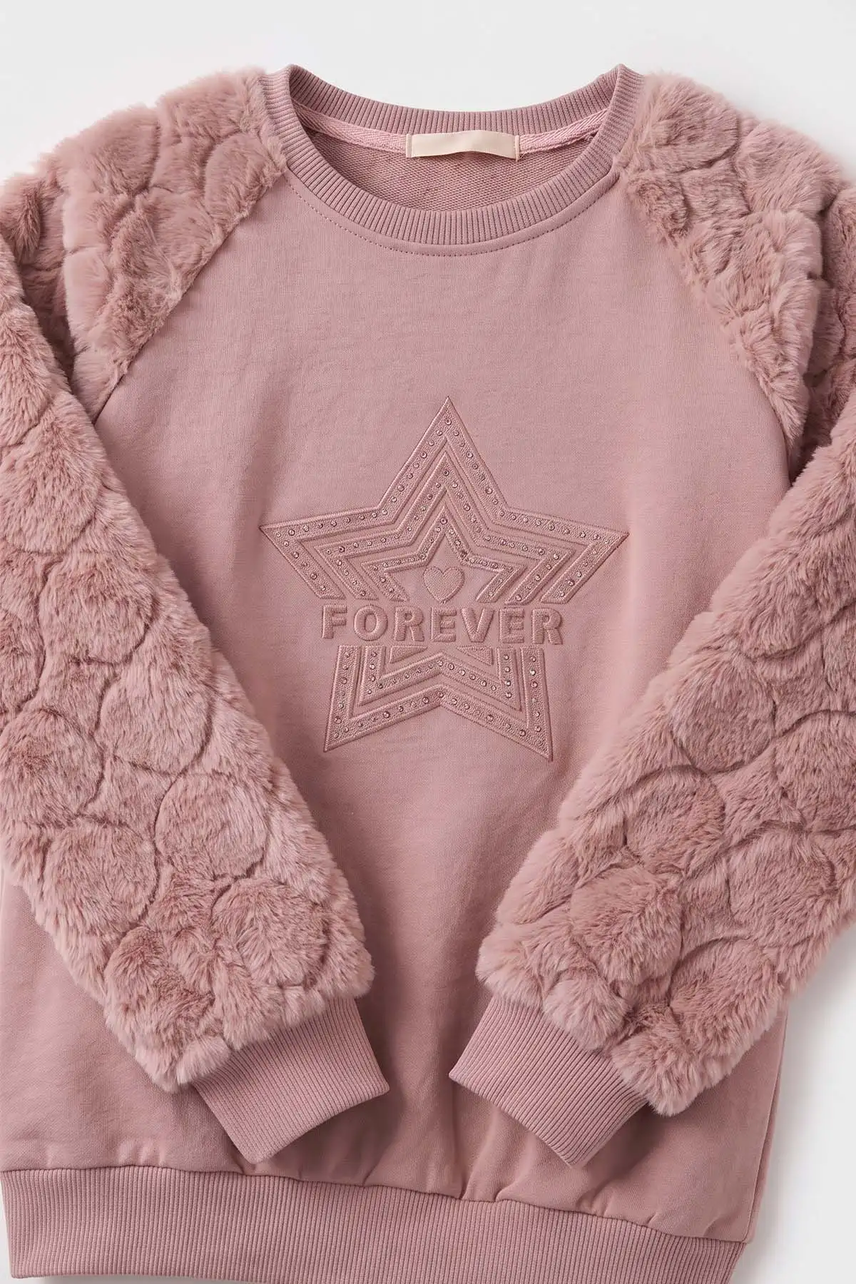 Gül Kurusu (5-13 Yaş) Yıldız Baskılı Kolları Peluşlu İçi Hafif Pamuklu Kız Çocuk Sweatshirt 489291