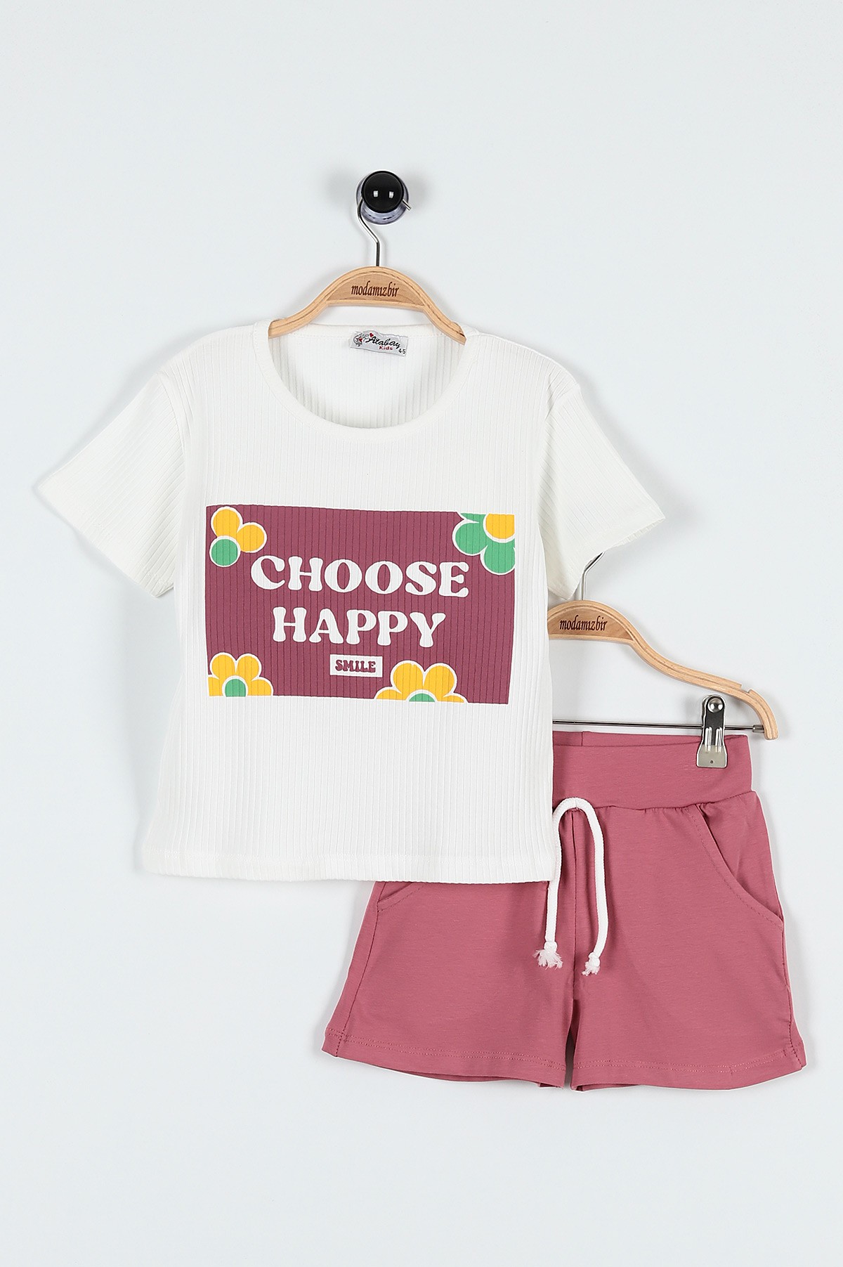 Gül Kurusu (5-8 Yaş) Choose Happy Baskılı Şortlu Fitilli Kız Çocuk Takım 184832