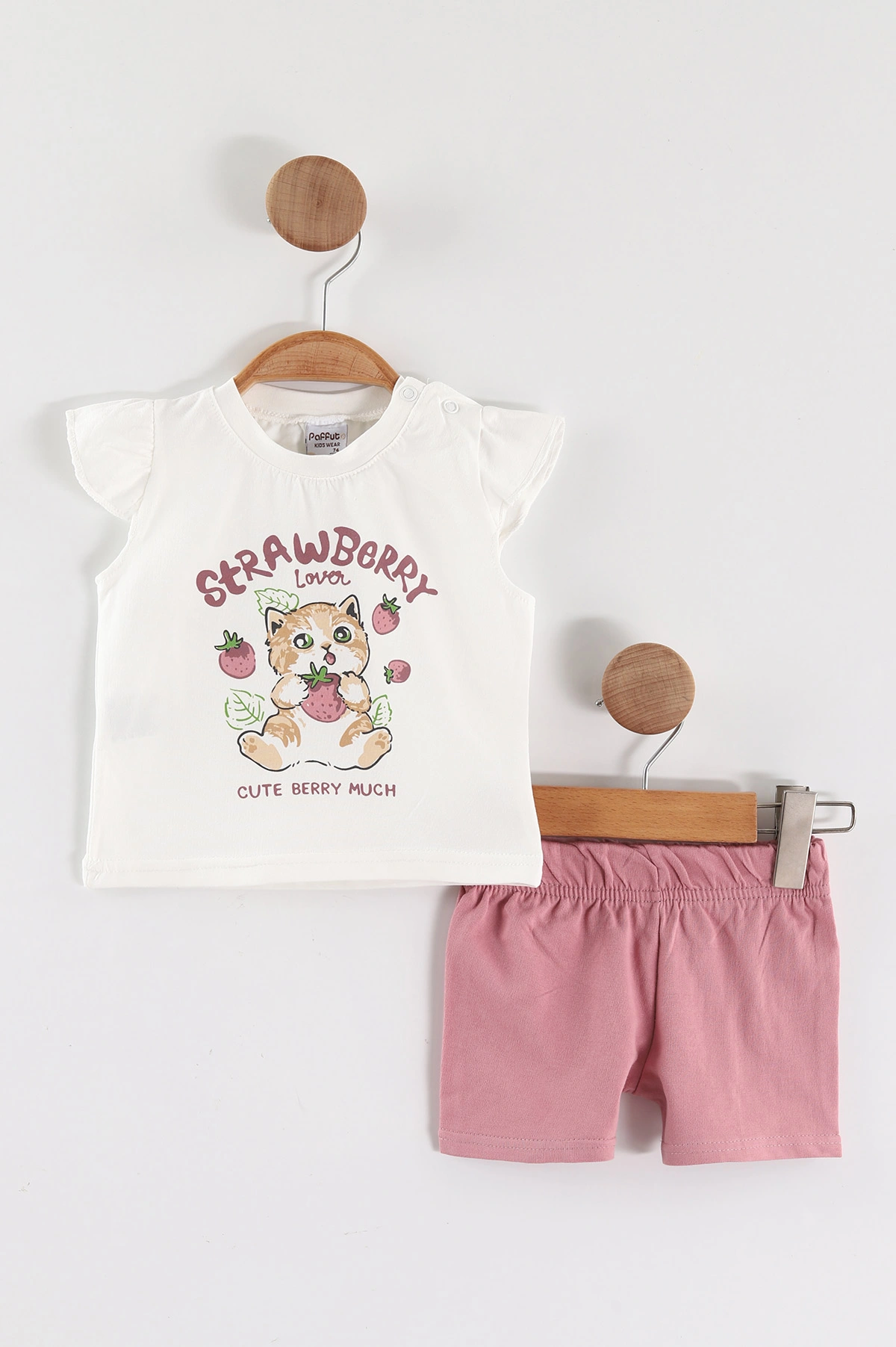 Gül Kurusu (6-24 Ay)Çilekli Kedi Baskılı  Kol Fırfırlı Kız Bebek Takım 467655