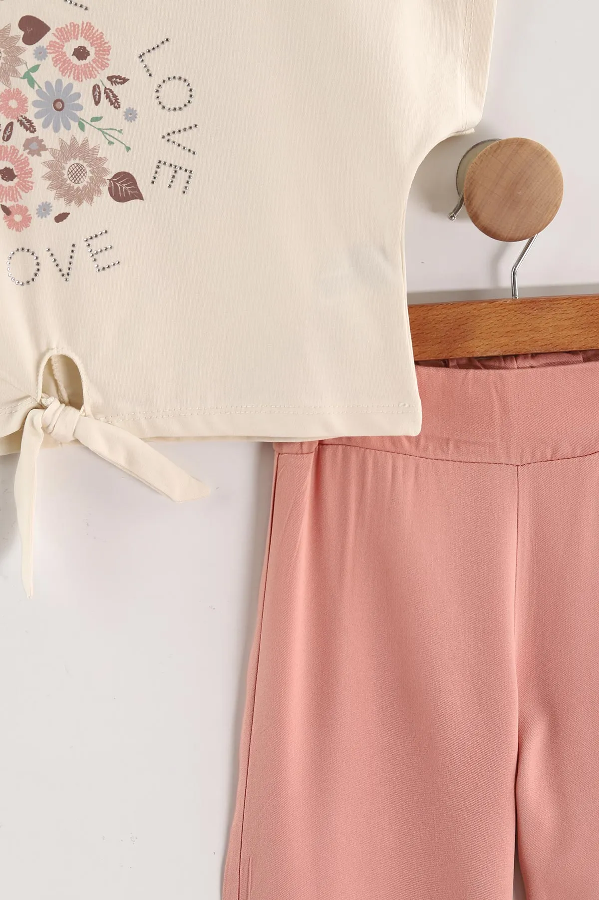 Gül Kurusu (6-9 Yaş)Love Taşlı Bağlamalı Belmando Bol Paça Pantolonlu Kız Çocuk Takım 436482