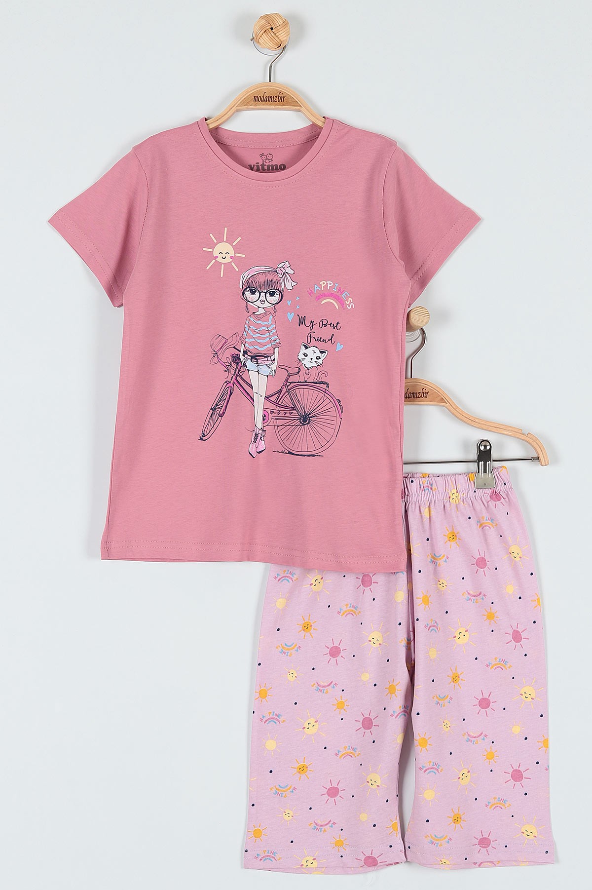 Gül Kurusu (7-9 Yaş) Happıness Sun Baskılı Kaprili KIz Çocuk Pijama Takımı 182006