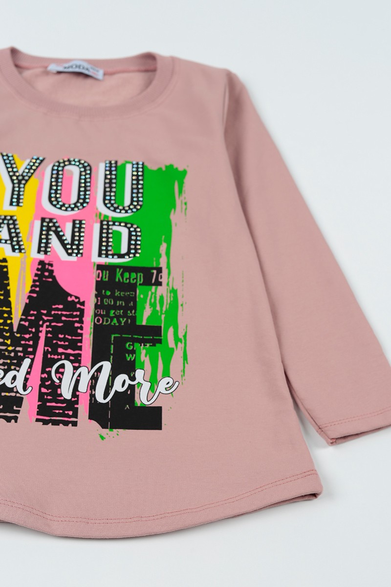 Gül Kurusu (8-14 Yaş)Taşlı İçi Şardonlu Kız Çocuk Sweatshirt 92788