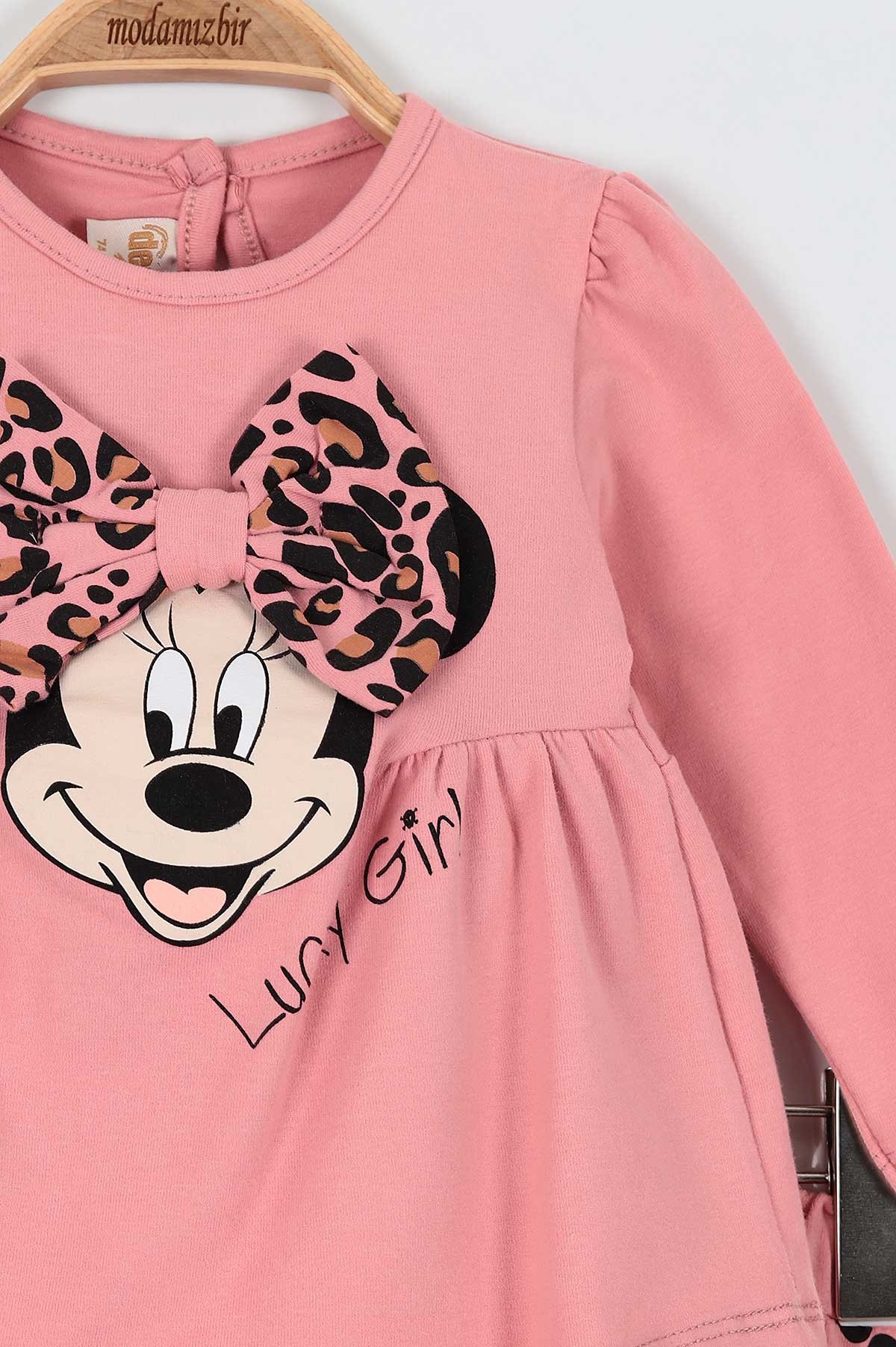 Gül Kurusu (9-36 Ay) Fiyonk Motifli Fare Baskılı Leoparlı Kız Bebe Takım 198433