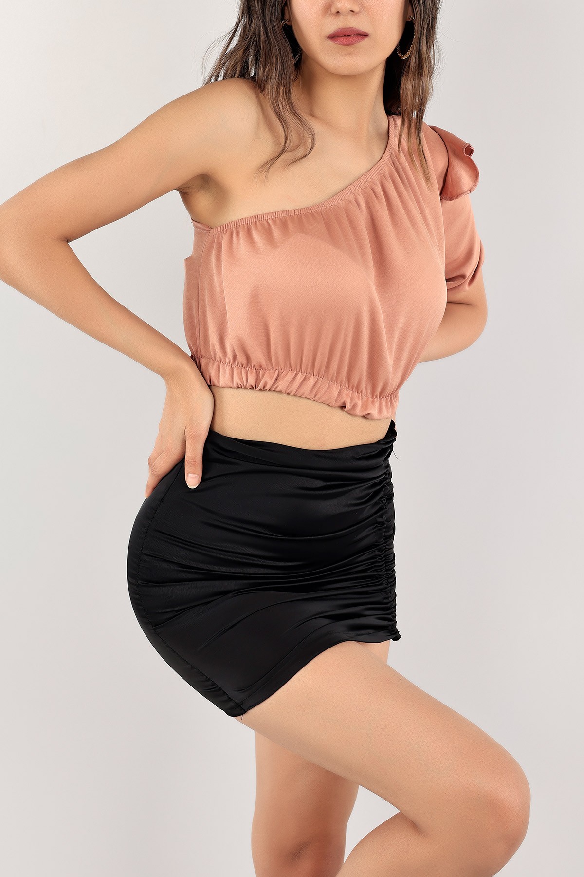 Gül Kurusu Açık Omuz Saten Aerobin Bluz 114262