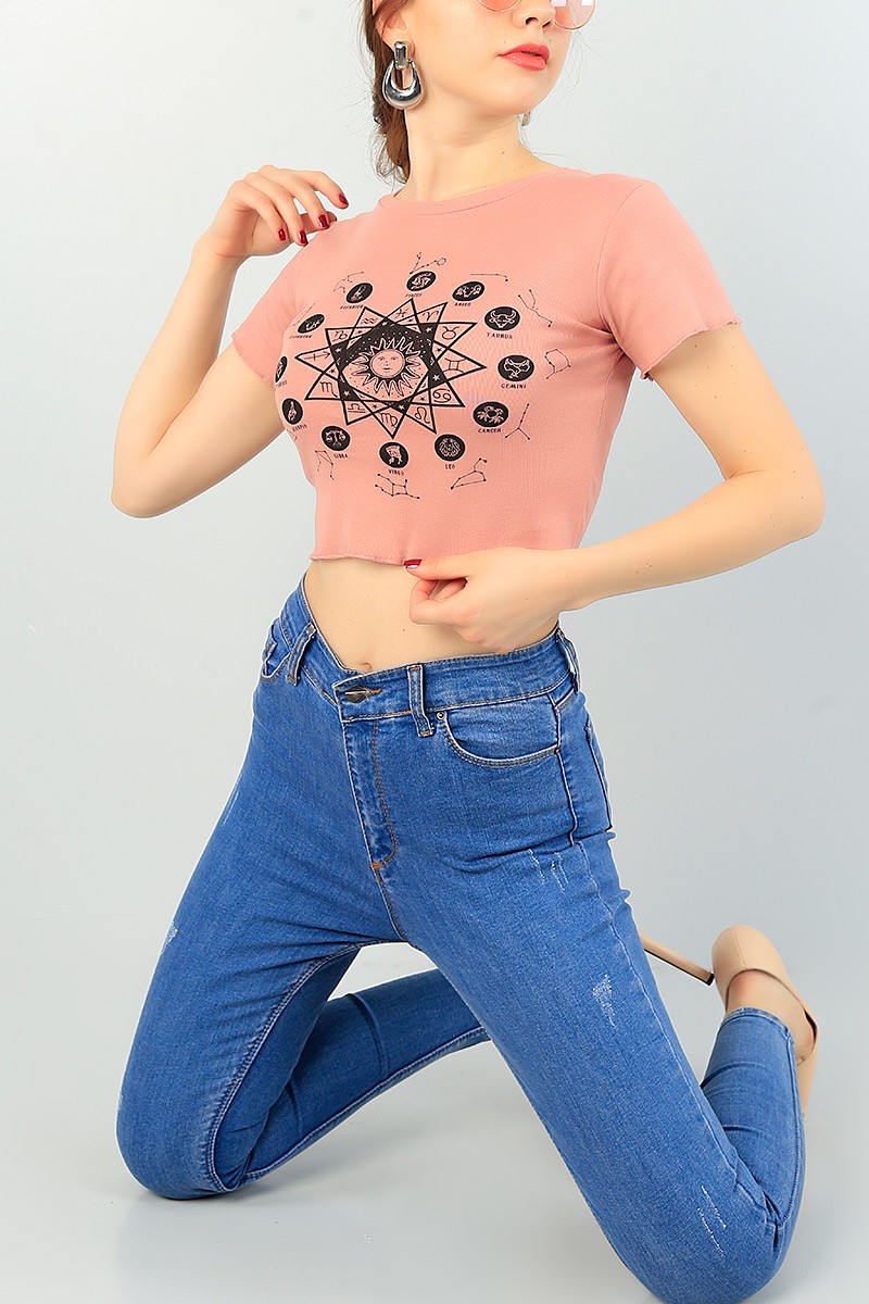 Gül Kurusu Baskılı Bayan Crop Tişört 68726