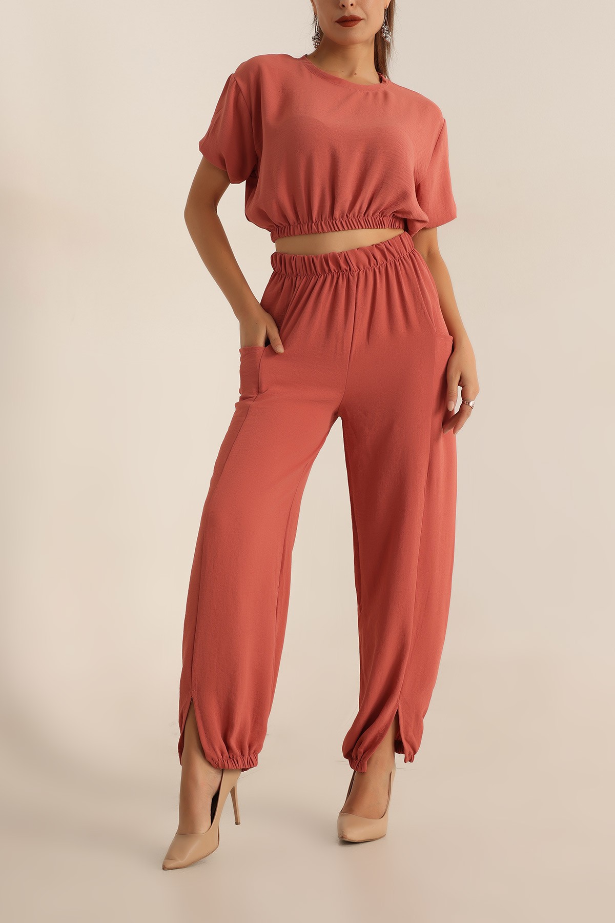Gül Kurusu Beli Lastikli Yırtmaçlı İkili Takım 198738