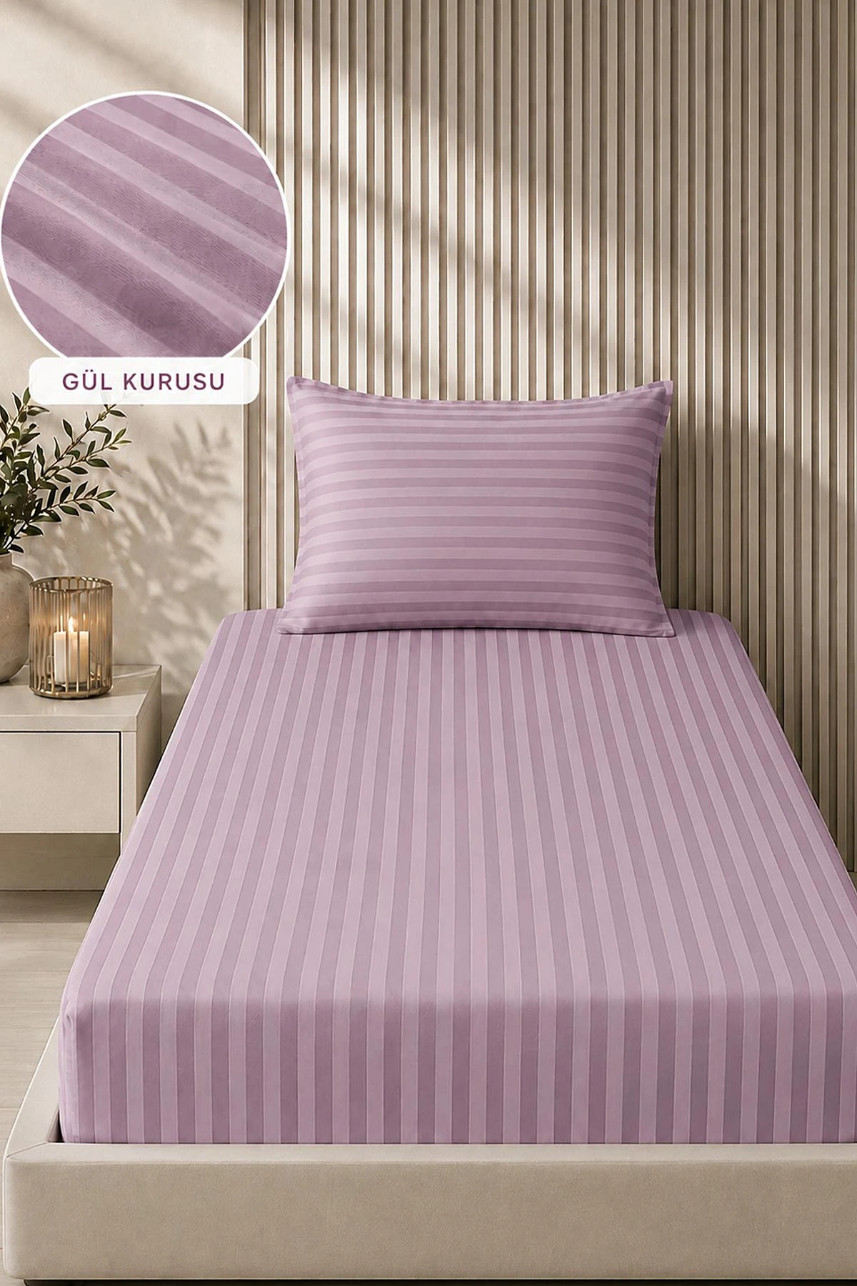 Gül Kurusu Bella Home 100x200 Cm Tek Kişilik Çizgili Saten Çarşaf Seti 482997