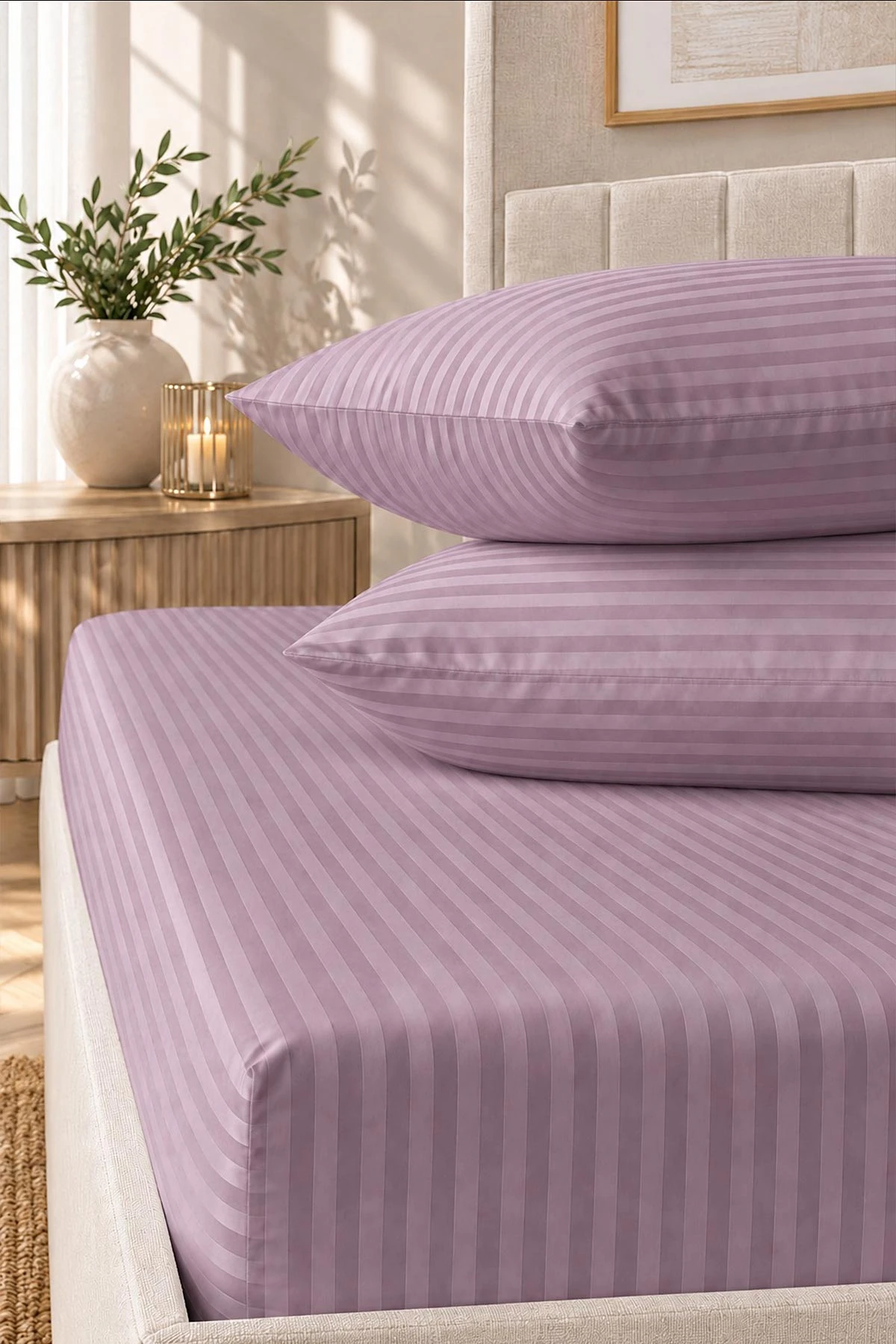 Gül Kurusu Bella Home 160x200 Cm Çift Kişilik Çizgili Saten Çarşaf Seti 483028