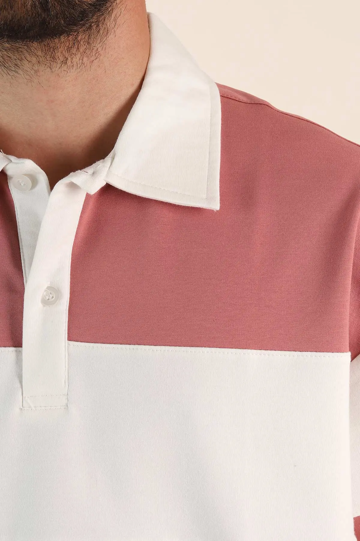 Gül Kurusu Beyaz Geniş Çizgili Oversize İki İp Polo Yaka Erkek Tişört 268913