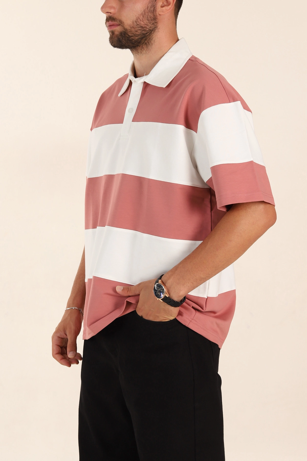Gül Kurusu Beyaz Geniş Çizgili Oversize İki İp Polo Yaka Erkek Tişört 268913