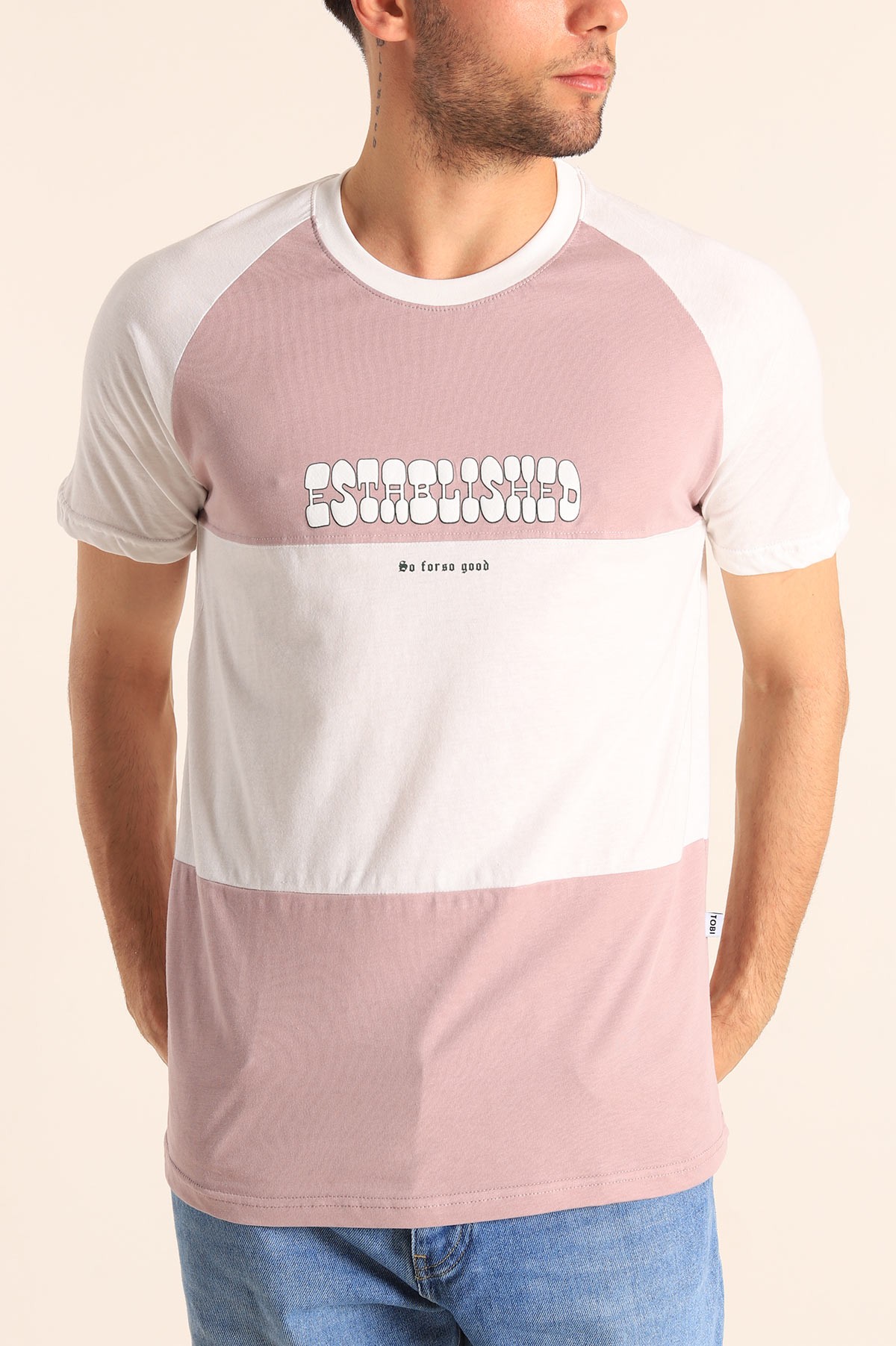 Gül Kurusu Beyaz Oversize Reglan Kol Yazı Detay Erkek Tişört 182282
