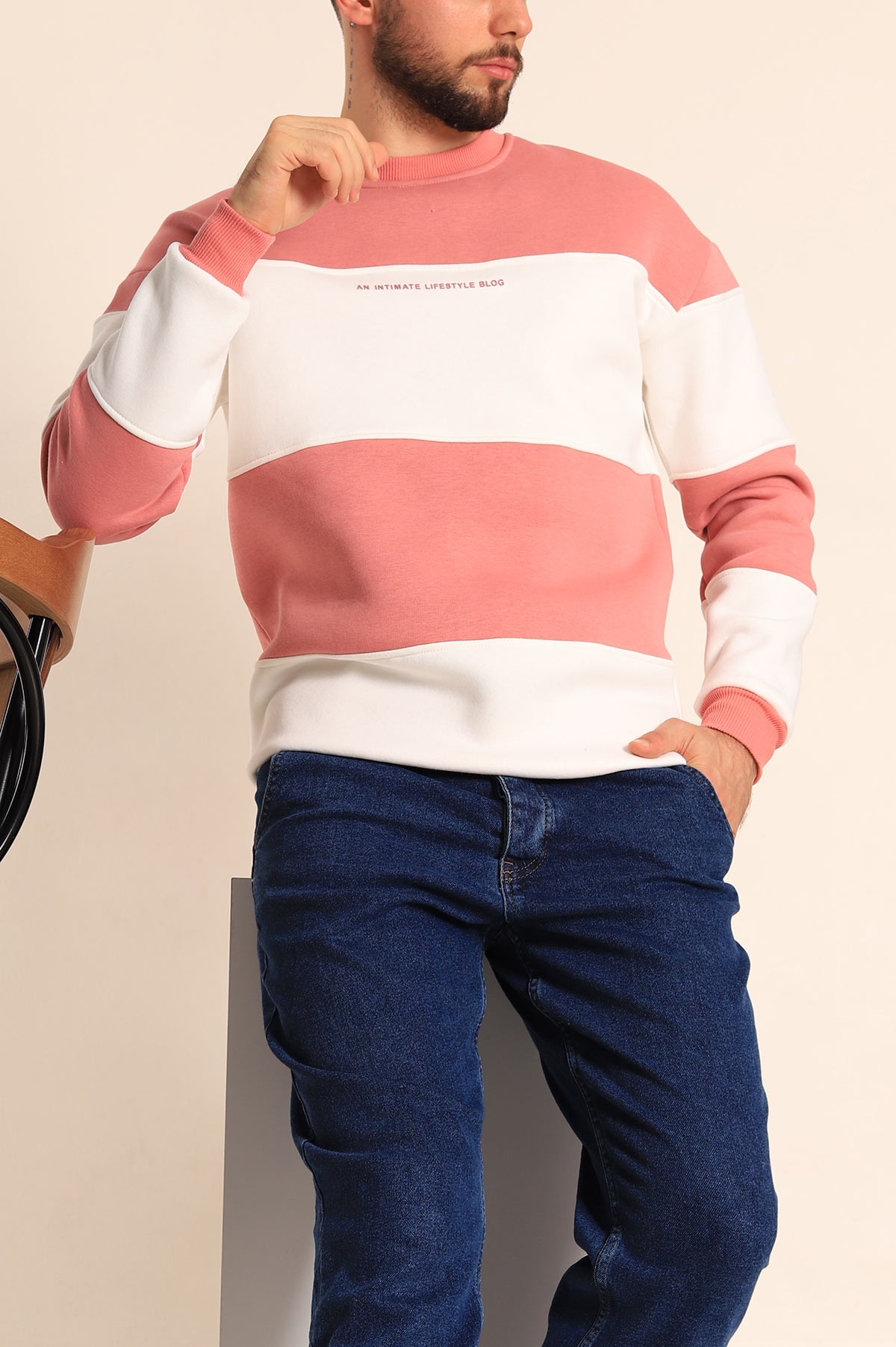Gül Kurusu Beyaz Oversize Üç İp Şardonlu Kabartma Yazılı Erkek Sweatshirt 225869