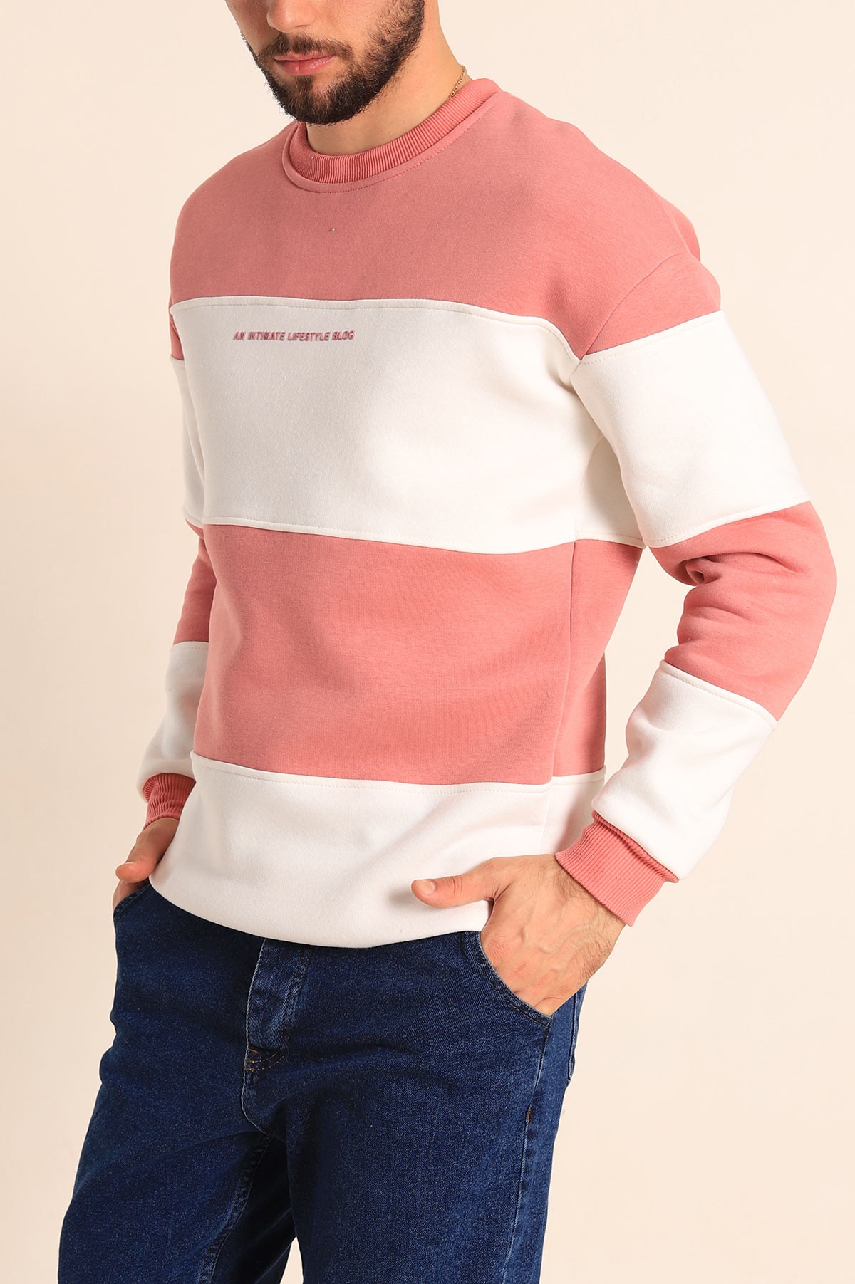 Gül Kurusu Beyaz Oversize Üç İp Şardonlu Kabartma Yazılı Erkek Sweatshirt 225869
