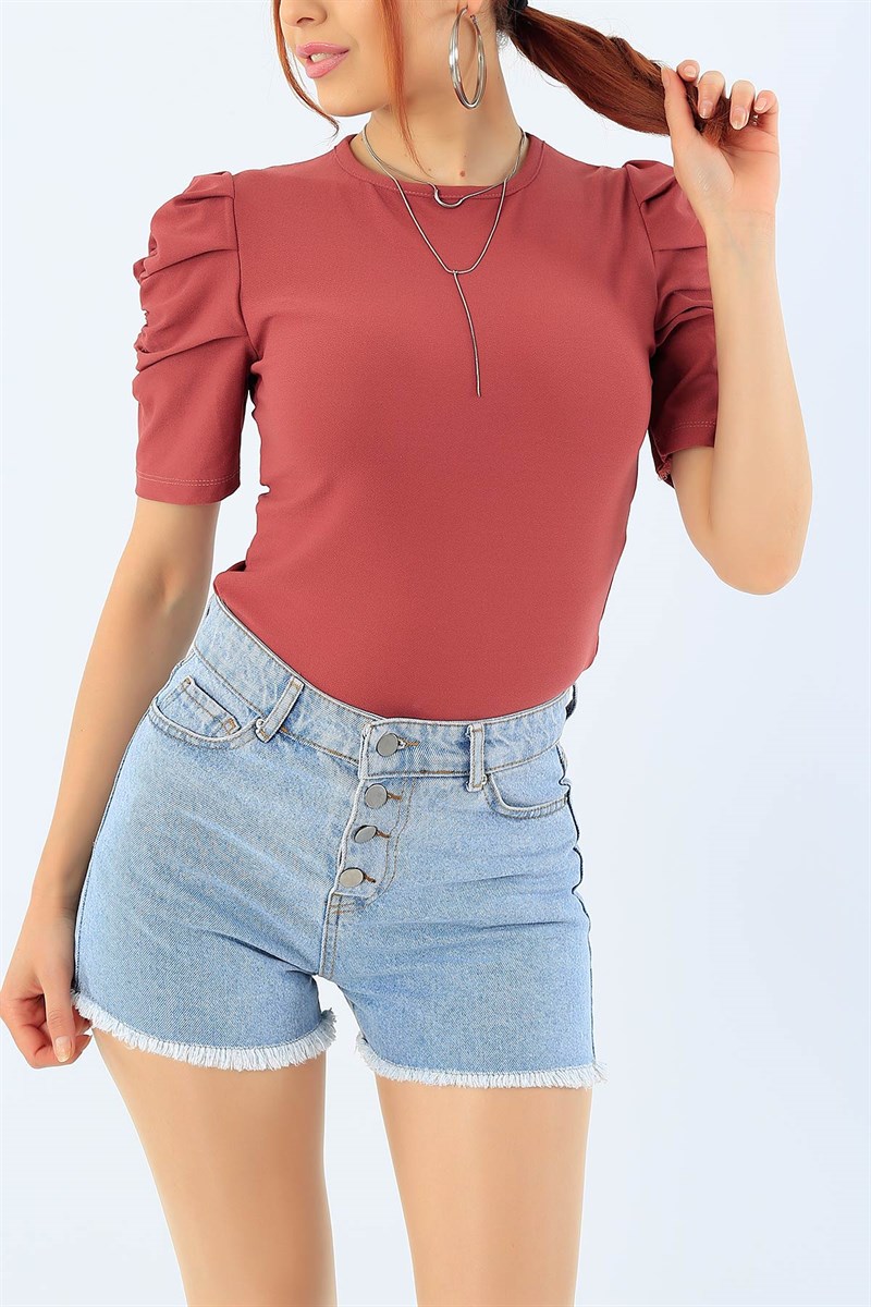 Gül Kurusu Büzgülü Likralı Bluz 34085