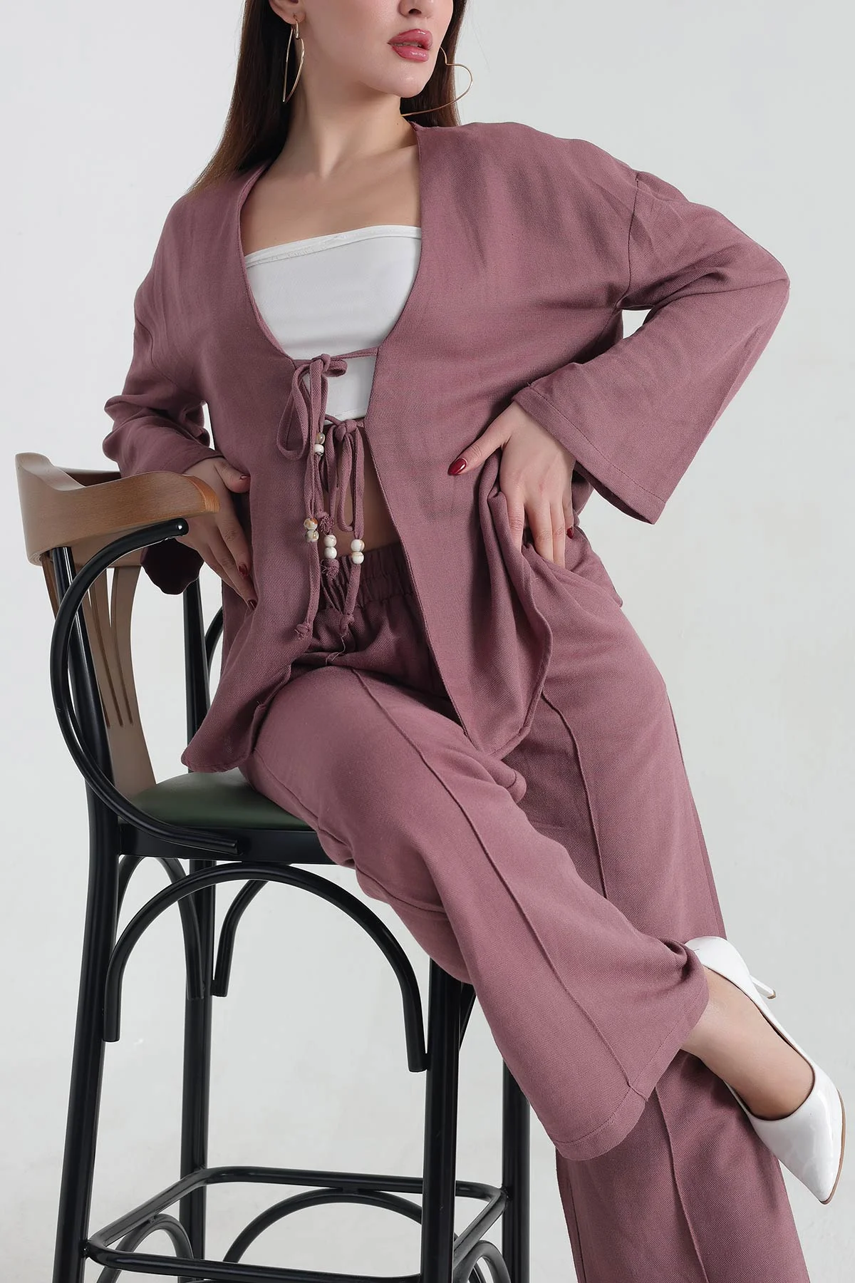 Gül Kurusu Çimalı Keten Pantolon Bluz İkili Takım 337044