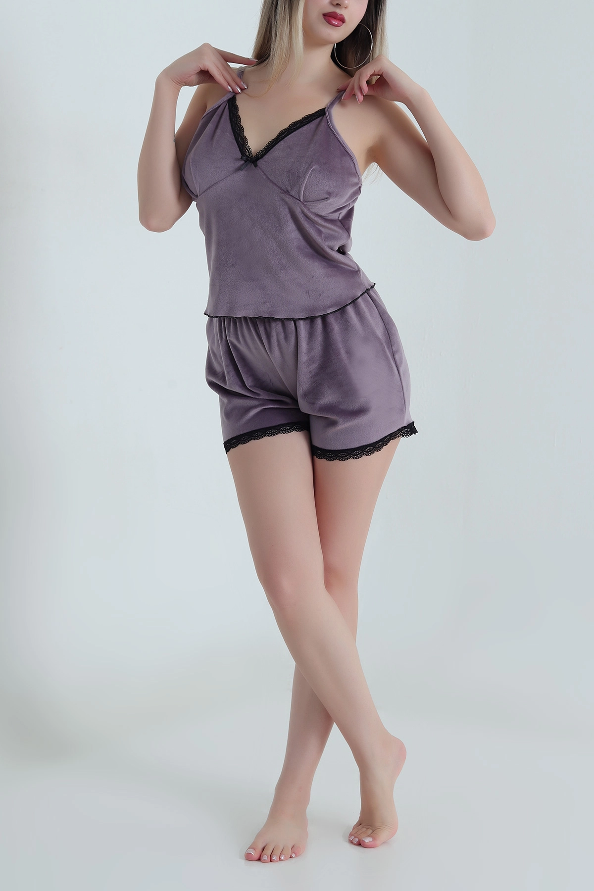 Gül Kurusu Dantelli Kadife Kadın Pijama Takımı 488216