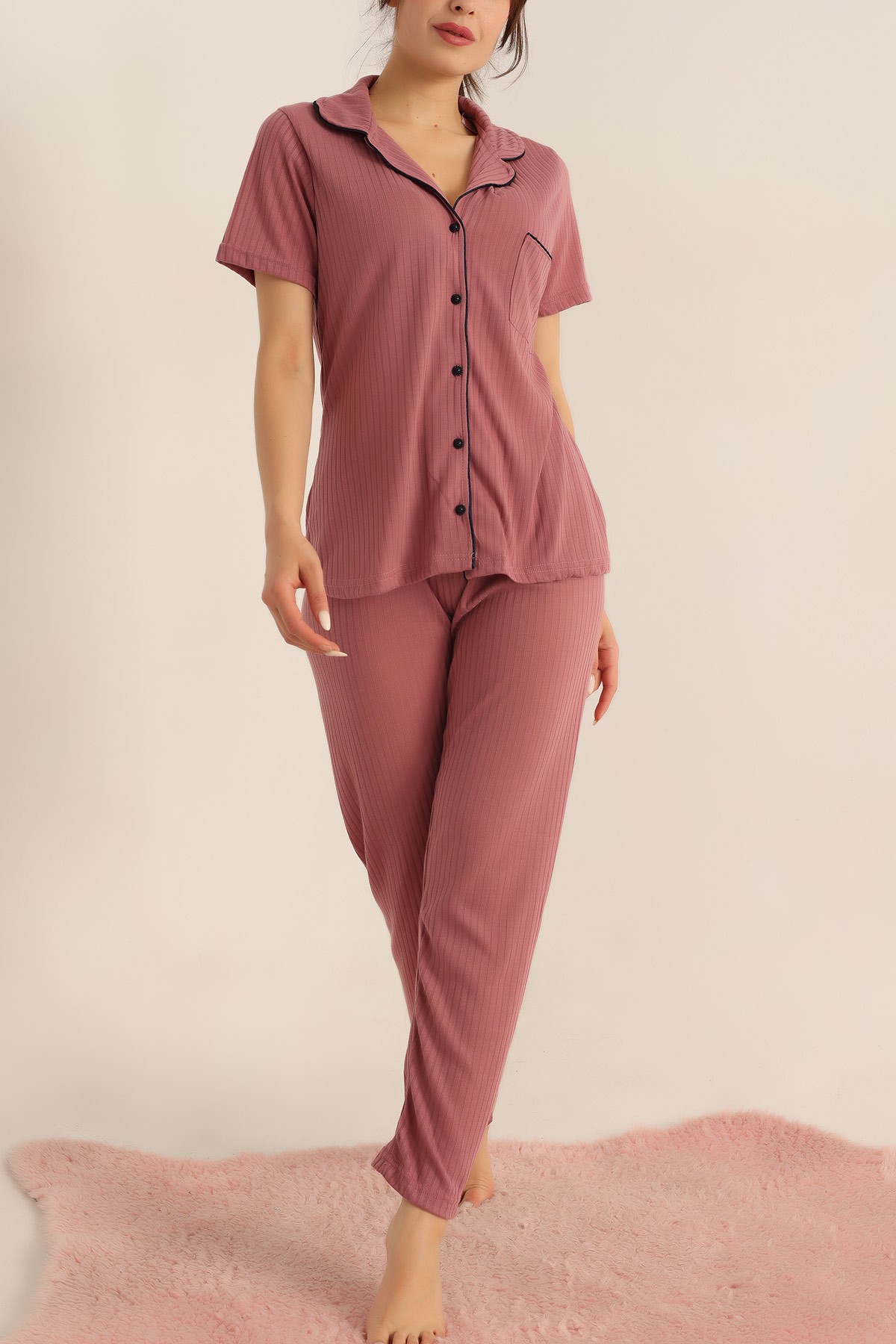 Gül Kurusu Düğmeli Bayan Pijama Takımı 181836