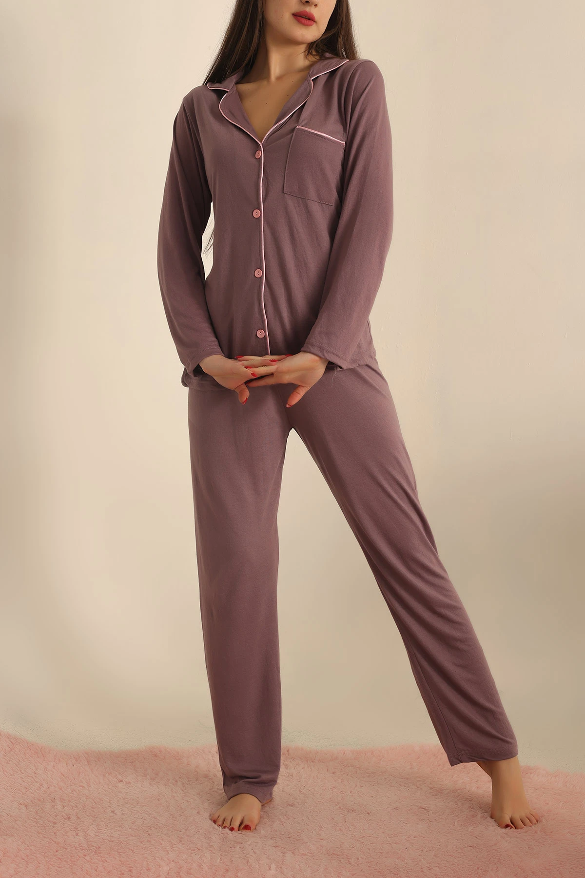 Gül Kurusu Düğmeli Bayan Pijama Takımı 233332