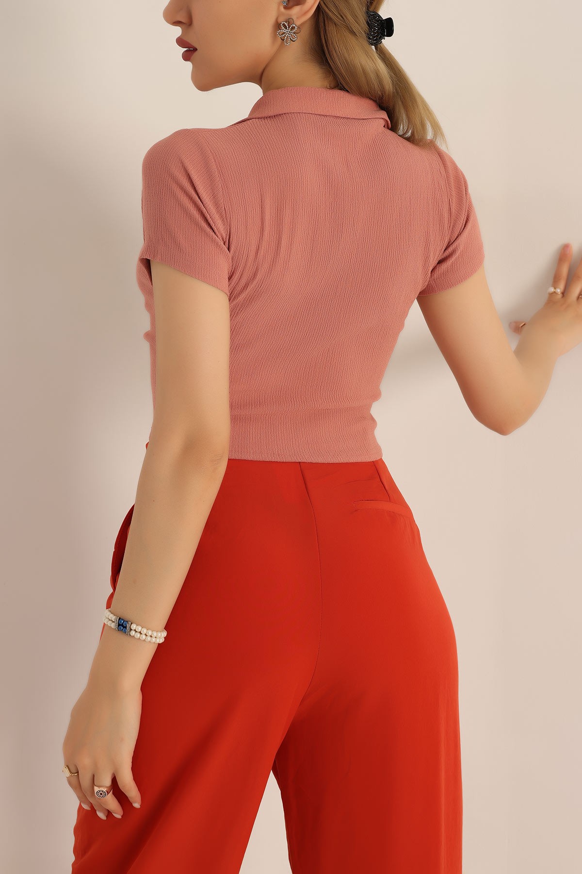 Gül Kurusu Düğmeli Büzgülü Krinkıl Gömlek Bluz 186012