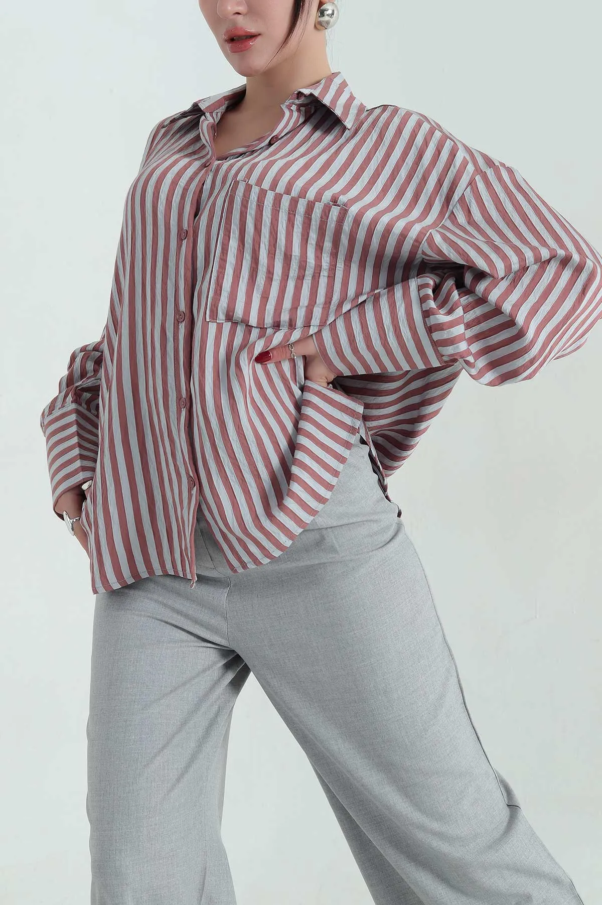 Gül Kurusu Geniş Kol Manşetli Oversize Gömlek 337234