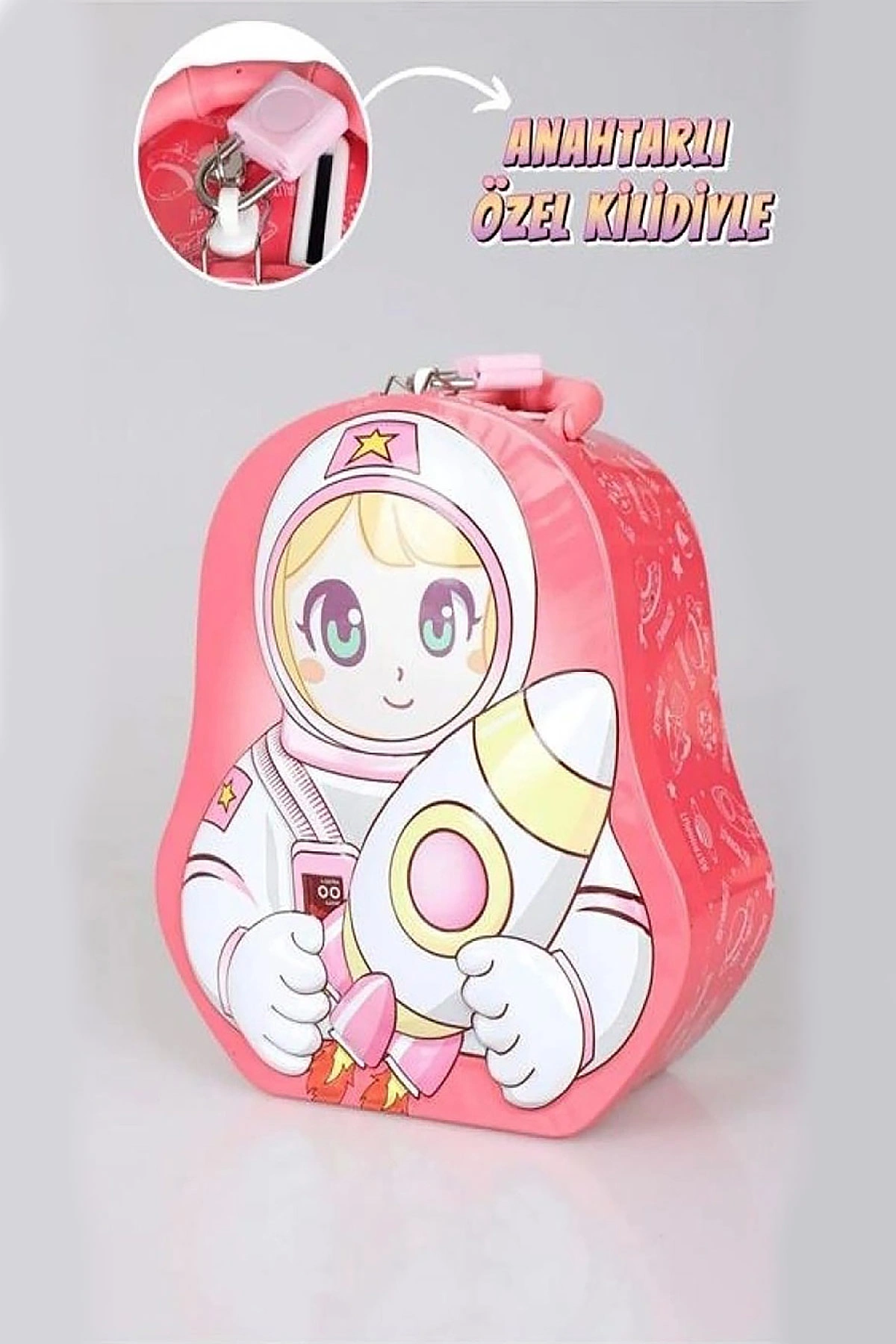 Gül Kurusu Giftzen Astronot Temalı Kilitli Taşıma Saplı Metal Kumbara 458940