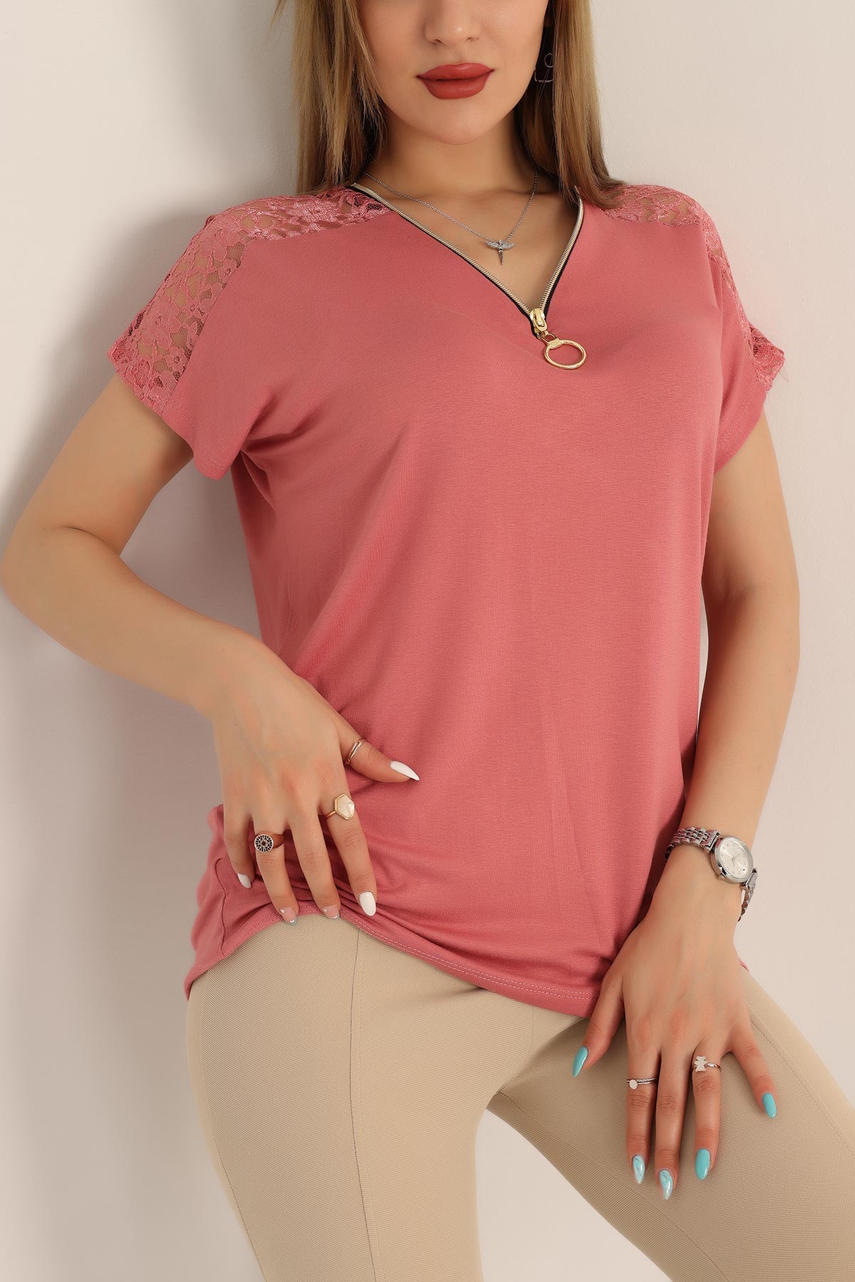 Gül Kurusu Güpürlü Fermuarlı Çilek Kumaş Bluz 173803