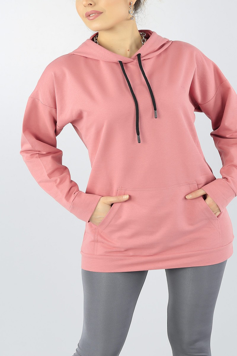Gül Kurusu Kapüşonlu Büyük Beden Bayan Sweat 46944