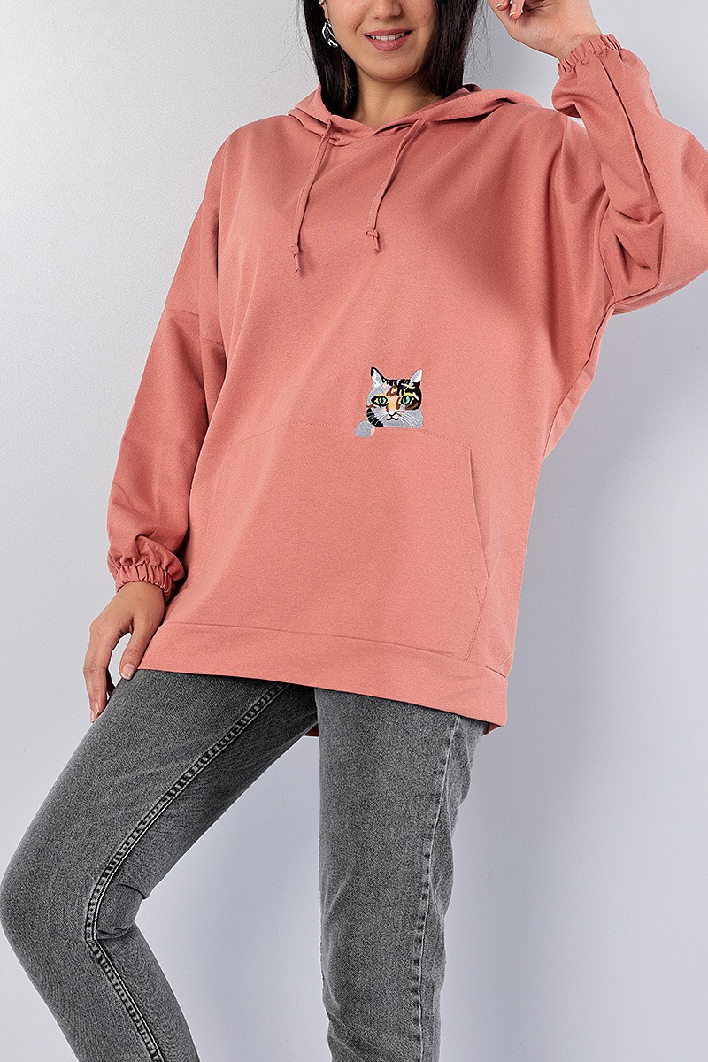 Gül Kurusu Kedi Nakışlı Sweat Tunik 79922