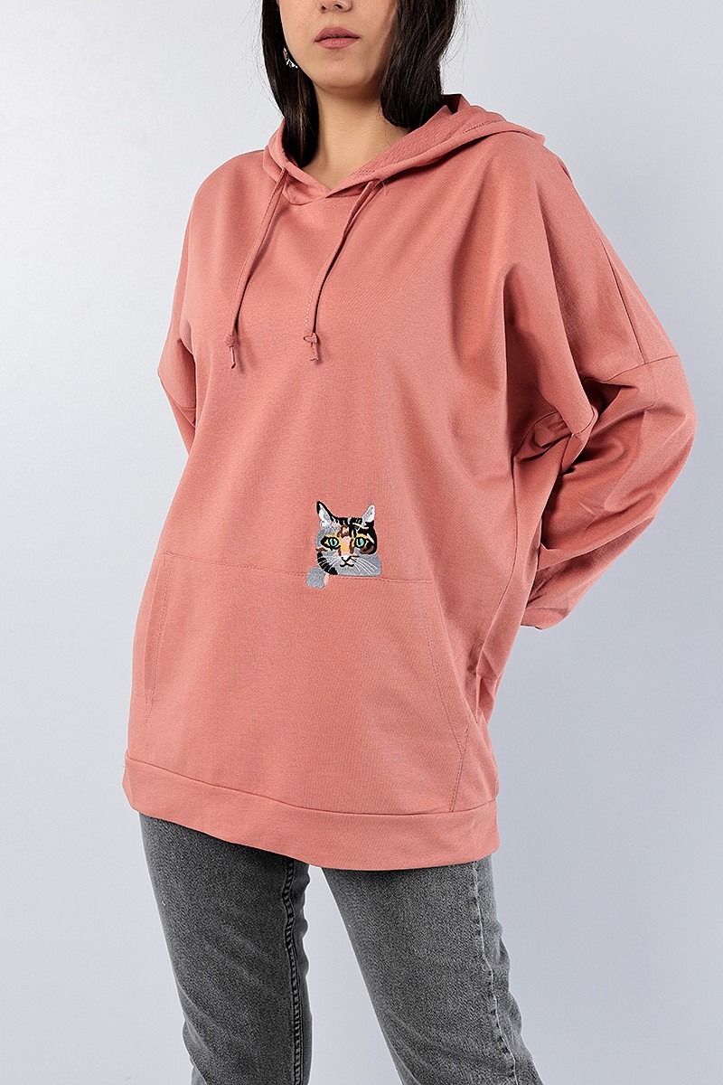 Gül Kurusu Kedi Nakışlı Sweat Tunik 79922