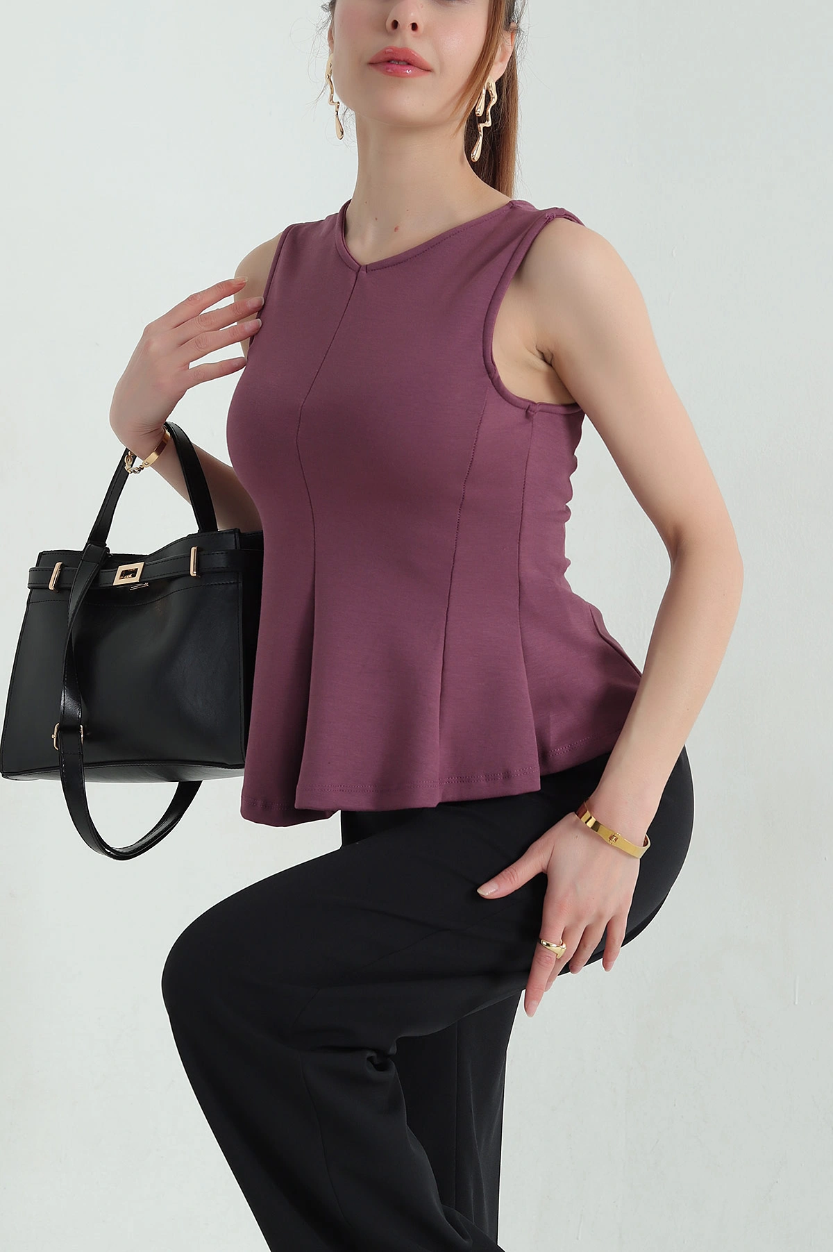 Gül Kurusu Kolsuz Likralı Modal Kadın Bluz 362408