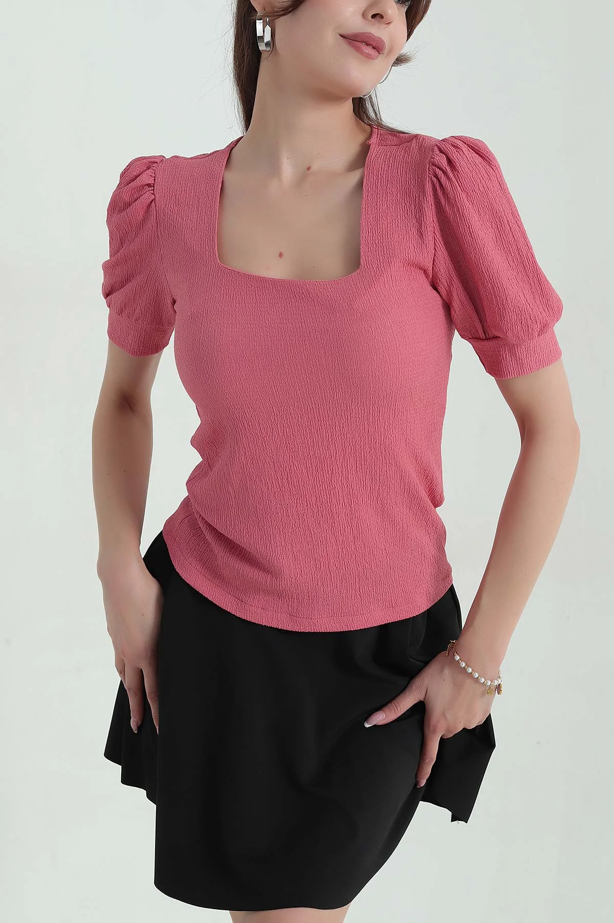 Gül Kurusu Krinkıl Kare Yaka Kadın Bluz 375227