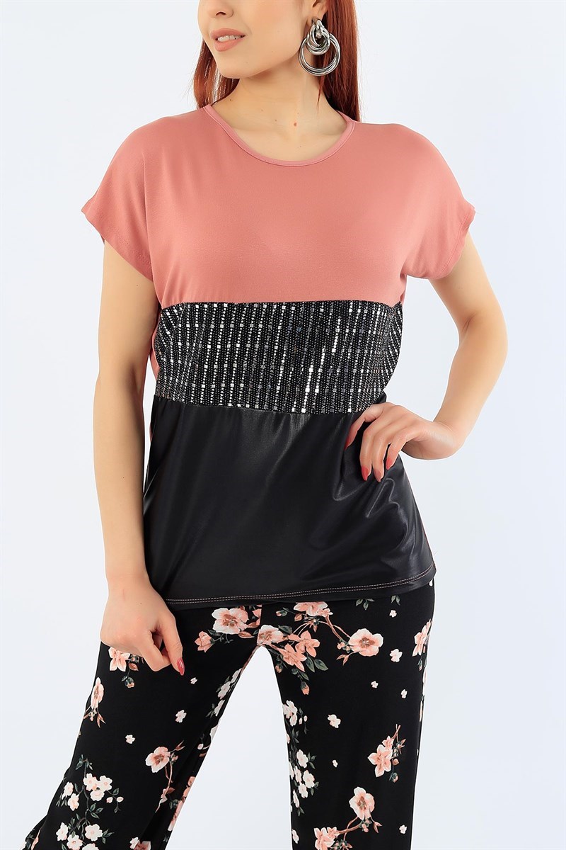 Gül Kurusu Likralı Pul İşlemeli Bluz 32214