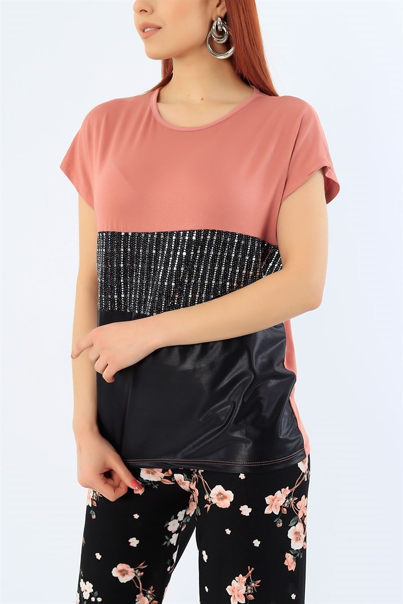 Gül Kurusu Likralı Pul İşlemeli Bluz 32214