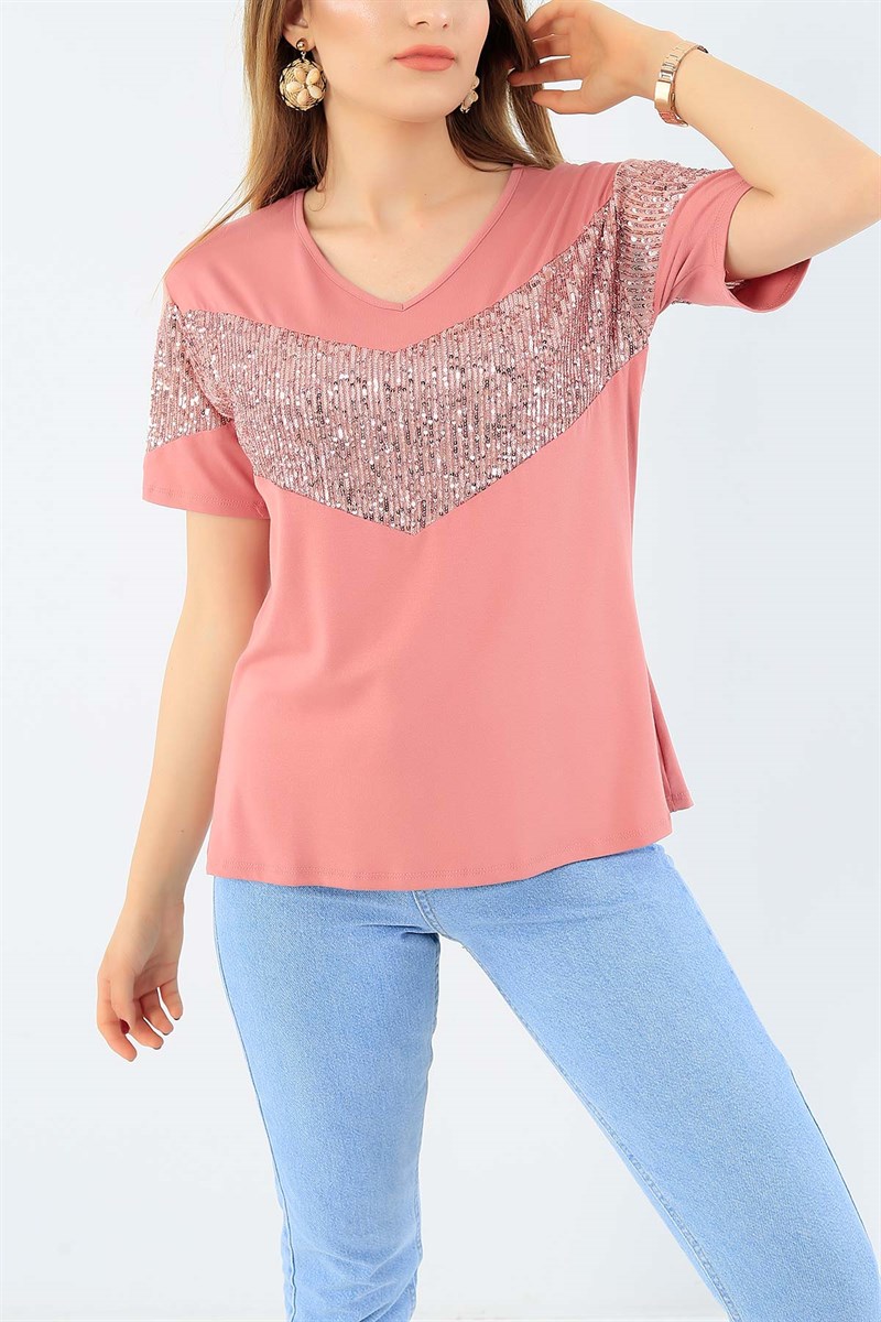 Gül Kurusu Likralı Pul Payet Bluz 35902