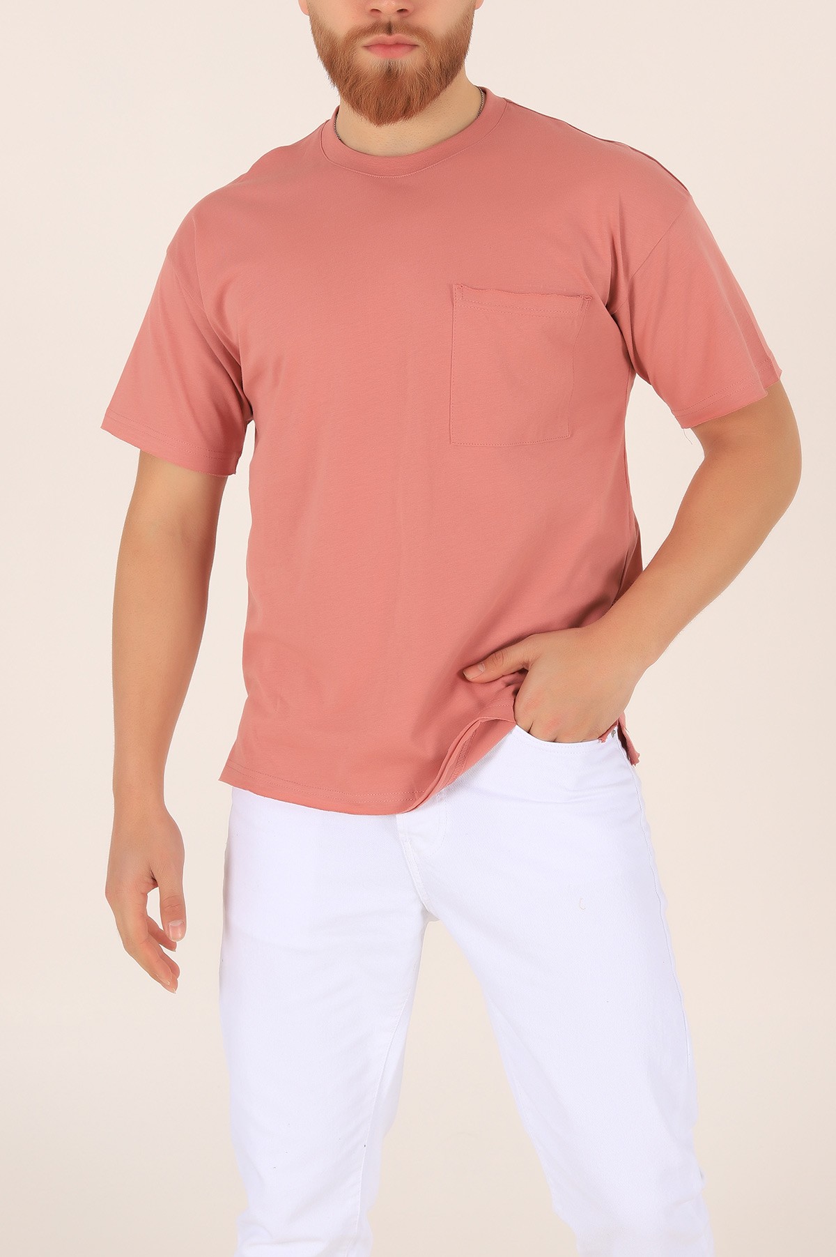 Gül Kurusu Oversize Cep Detay Erkek Tişört 169692