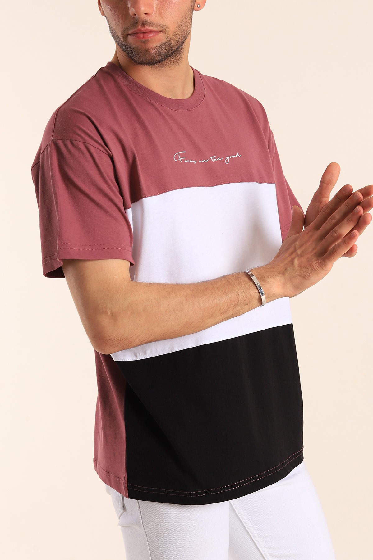 Gül Kurusu Oversize Parçalı Yazı Detay Erkek Tişört 184317