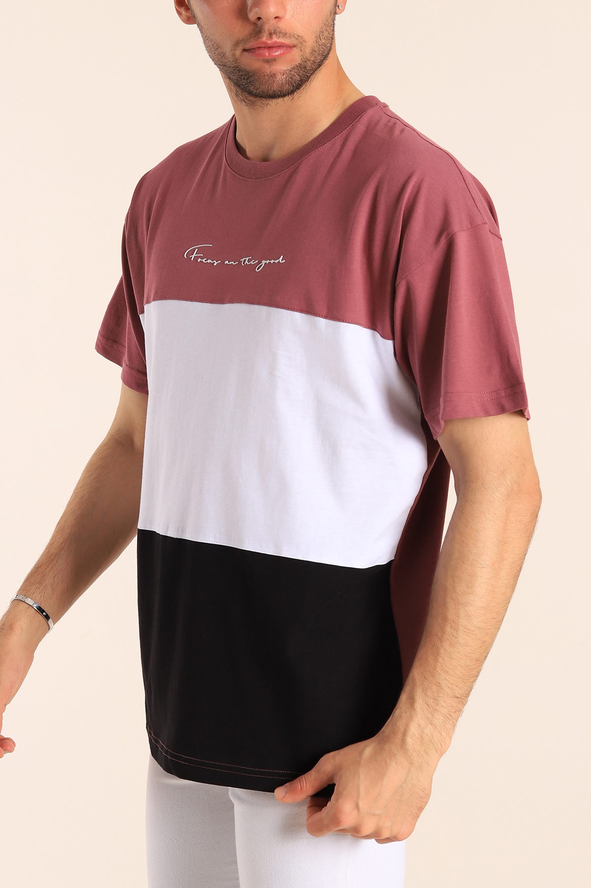 Gül Kurusu Oversize Parçalı Yazı Detay Erkek Tişört 184317